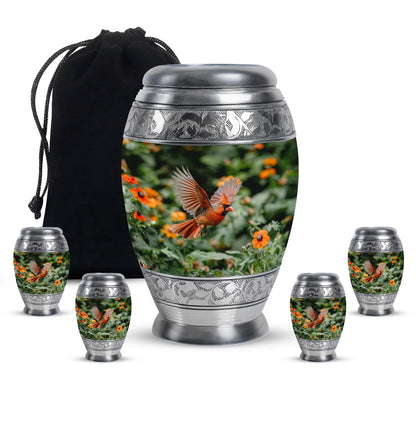 Cardinal Bird Theme Large Urn With 4 Keepsake Urn
