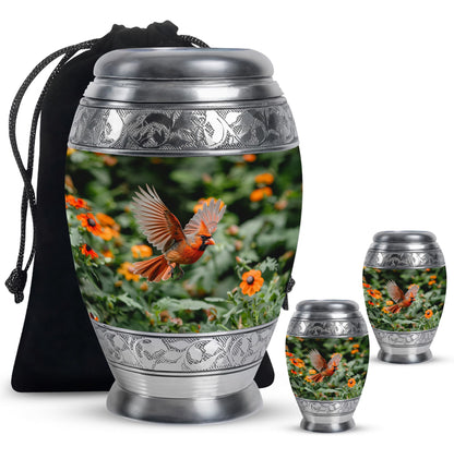Cardinal Bird Theme Large Urn With 2 Keepsake Urn