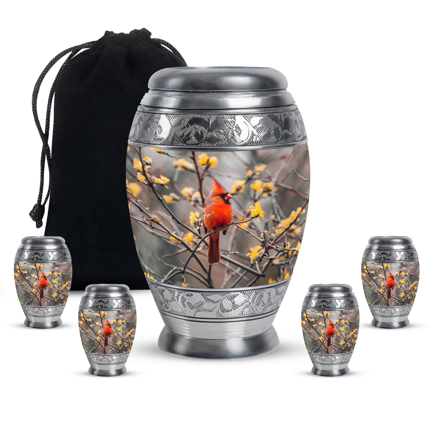 Cardinal Bird Theme Large Urn With 4 Keepsake Urn