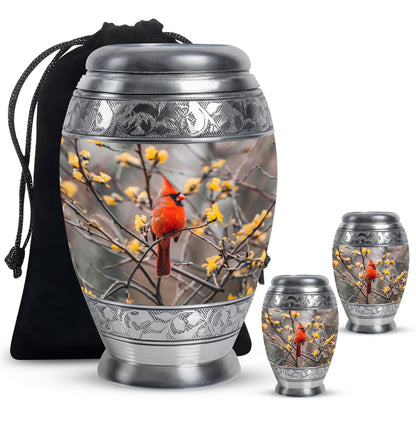 Cardinal Bird Theme Large Urn With 2 Keepsake Urn