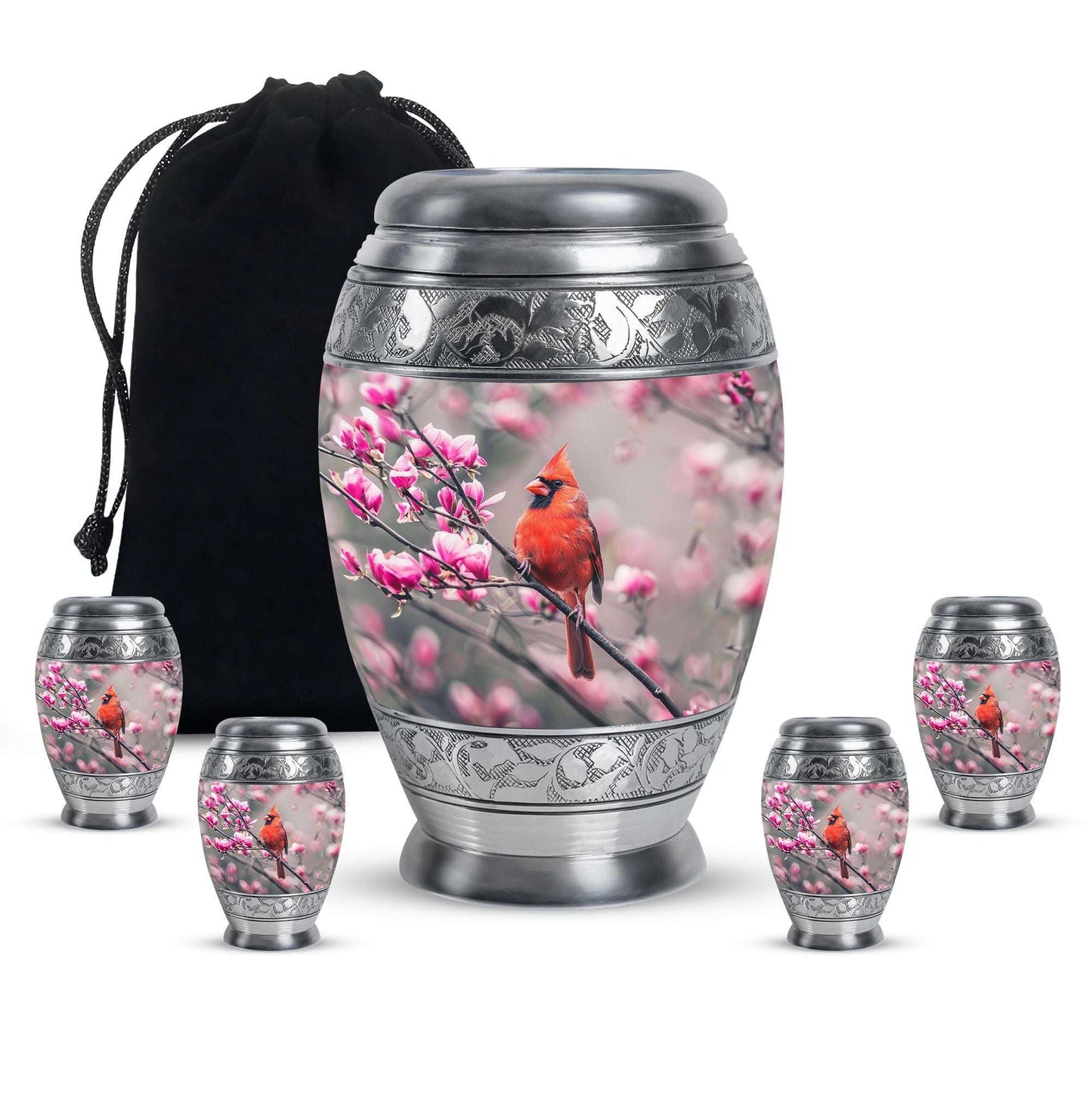 Cardinal Bird Theme Large Urn With 4 Keepsake Urn
