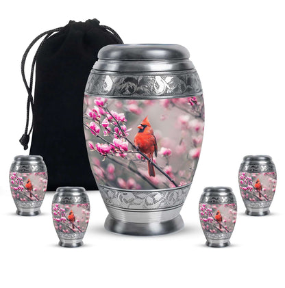 Cardinal Bird Theme Large Urn With 4 Keepsake Urn