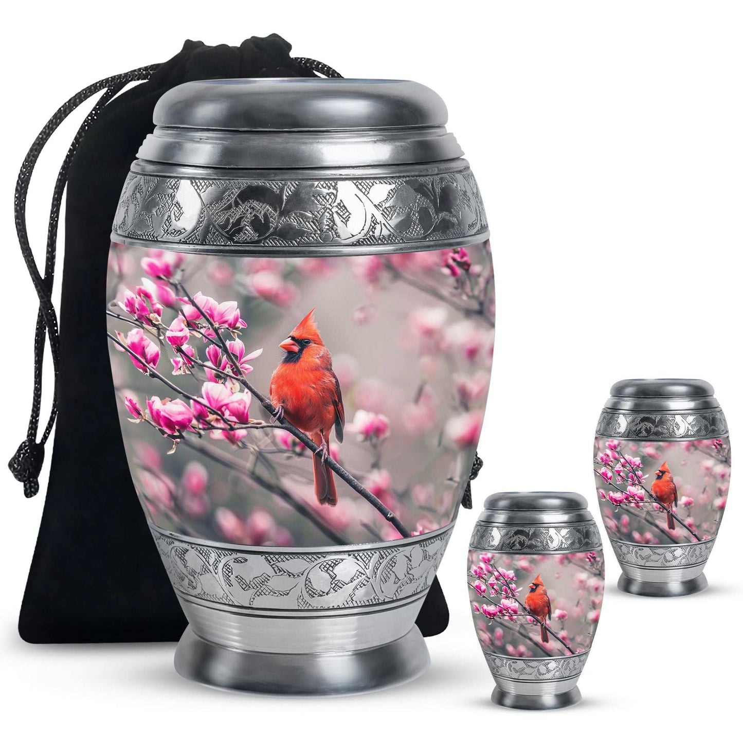 Cardinal Bird Theme Large Urn With 2 Keepsake Urn
