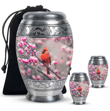 Cardinal Bird Theme Large Urn With 2 Keepsake Urn