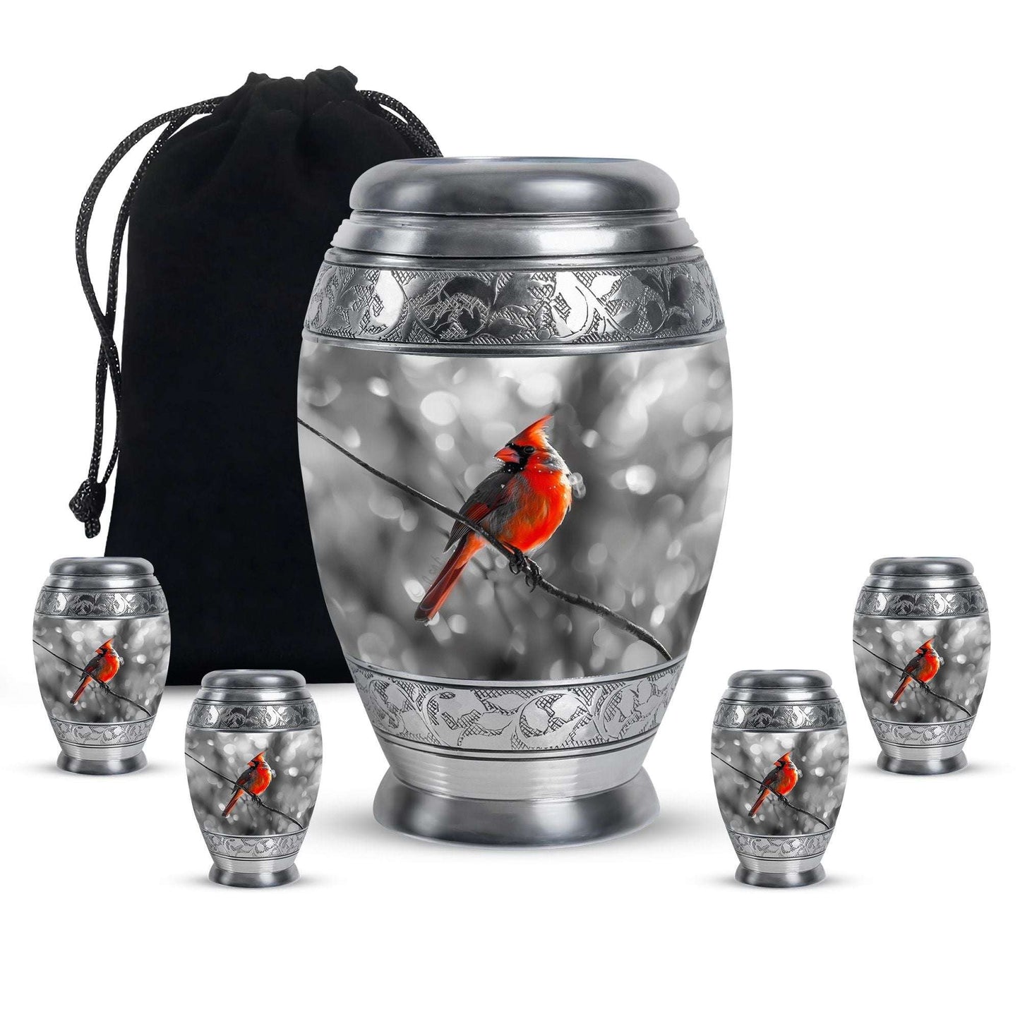 Cardinal Bird Theme Large Urn With 4 Keepsake Urn