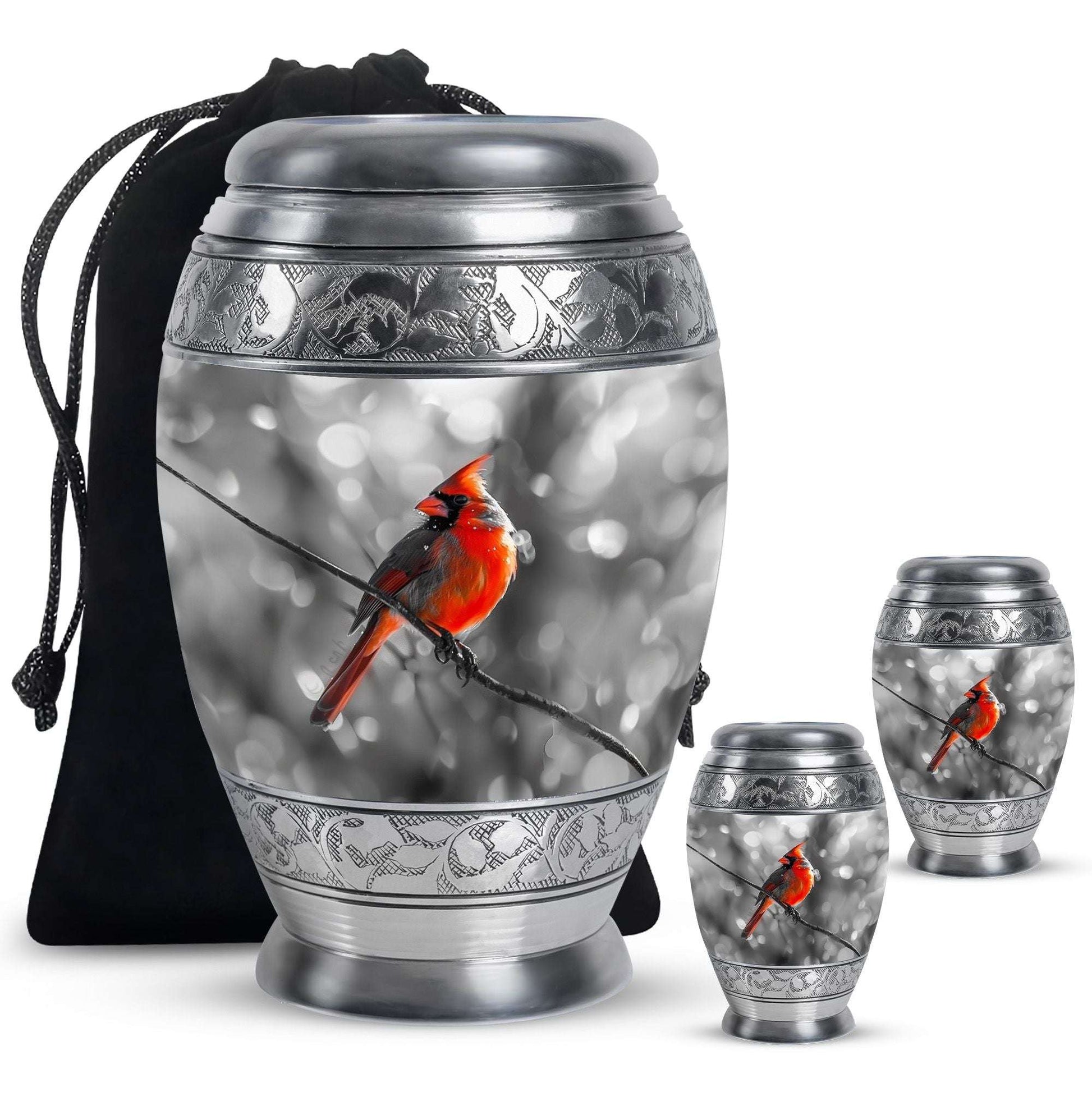 Cardinal Bird Theme Large Urn With 2 Keepsake Urn