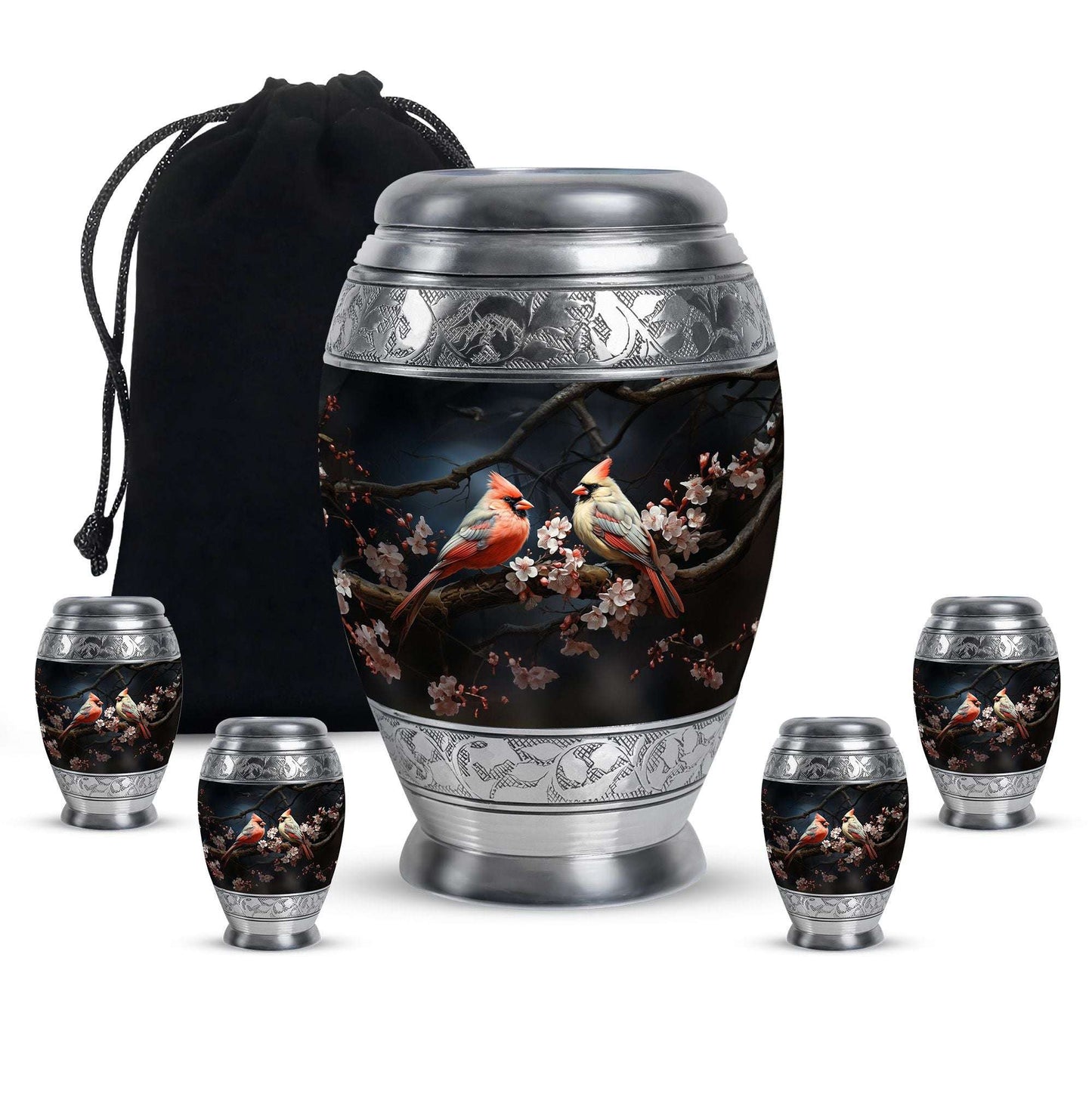 Cardinal Bird Theme Large Urn With 4 Keepsake Urn