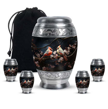 Cardinal Bird Theme Large Urn With 4 Keepsake Urn
