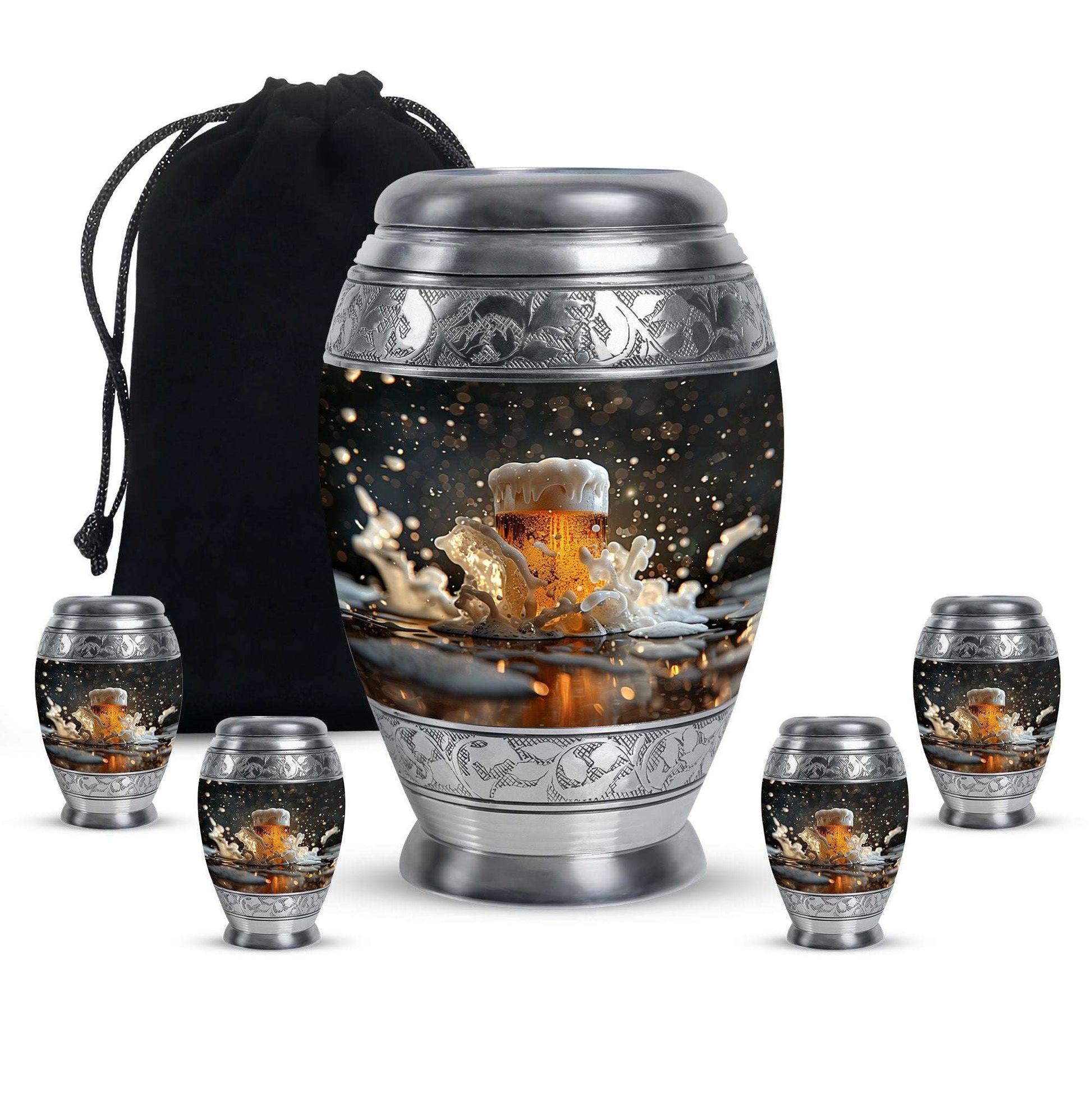 Beer Theme Large Urn With 4 Keepsake Urn