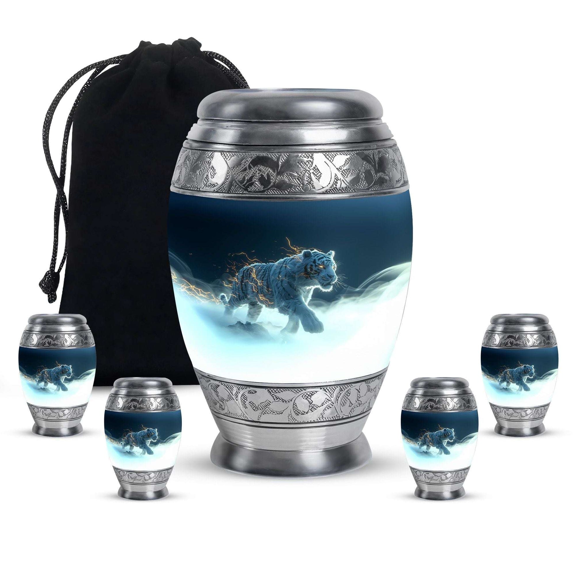 Tiger Theme Large Urn With 4 Keepsake Urn