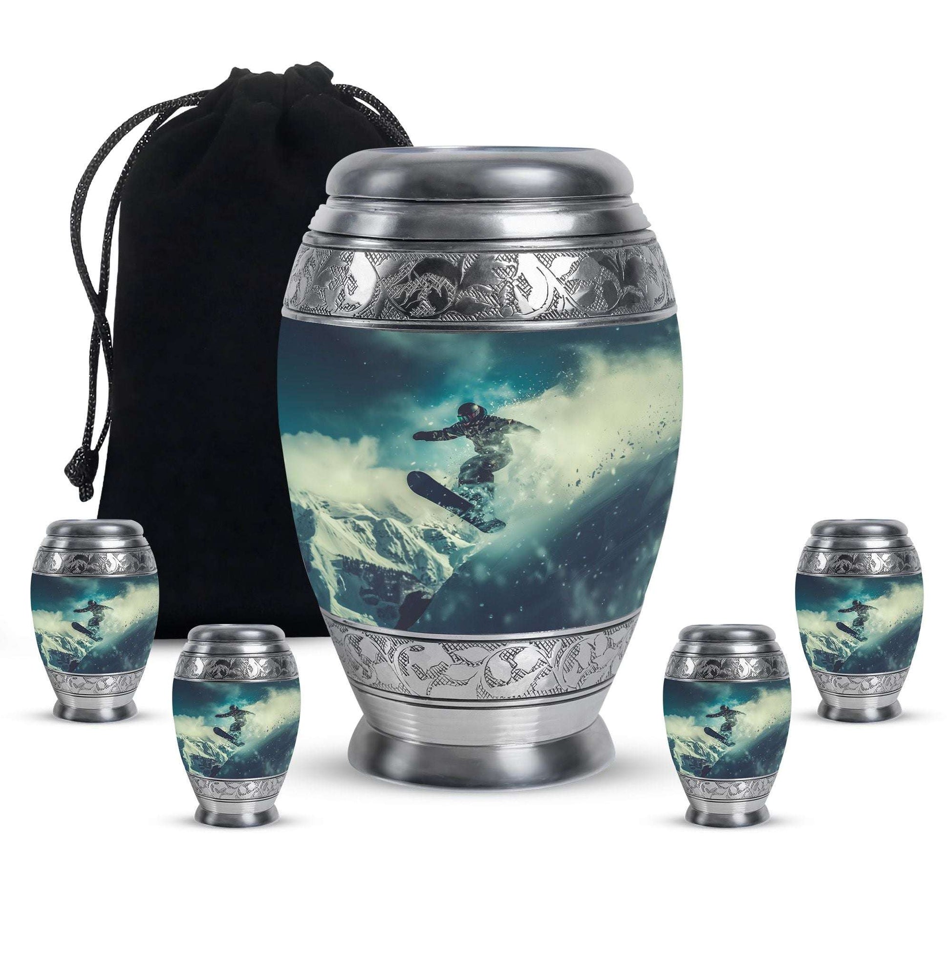 Snowboarding Theme Large Urn With 4 Keepsake Urn