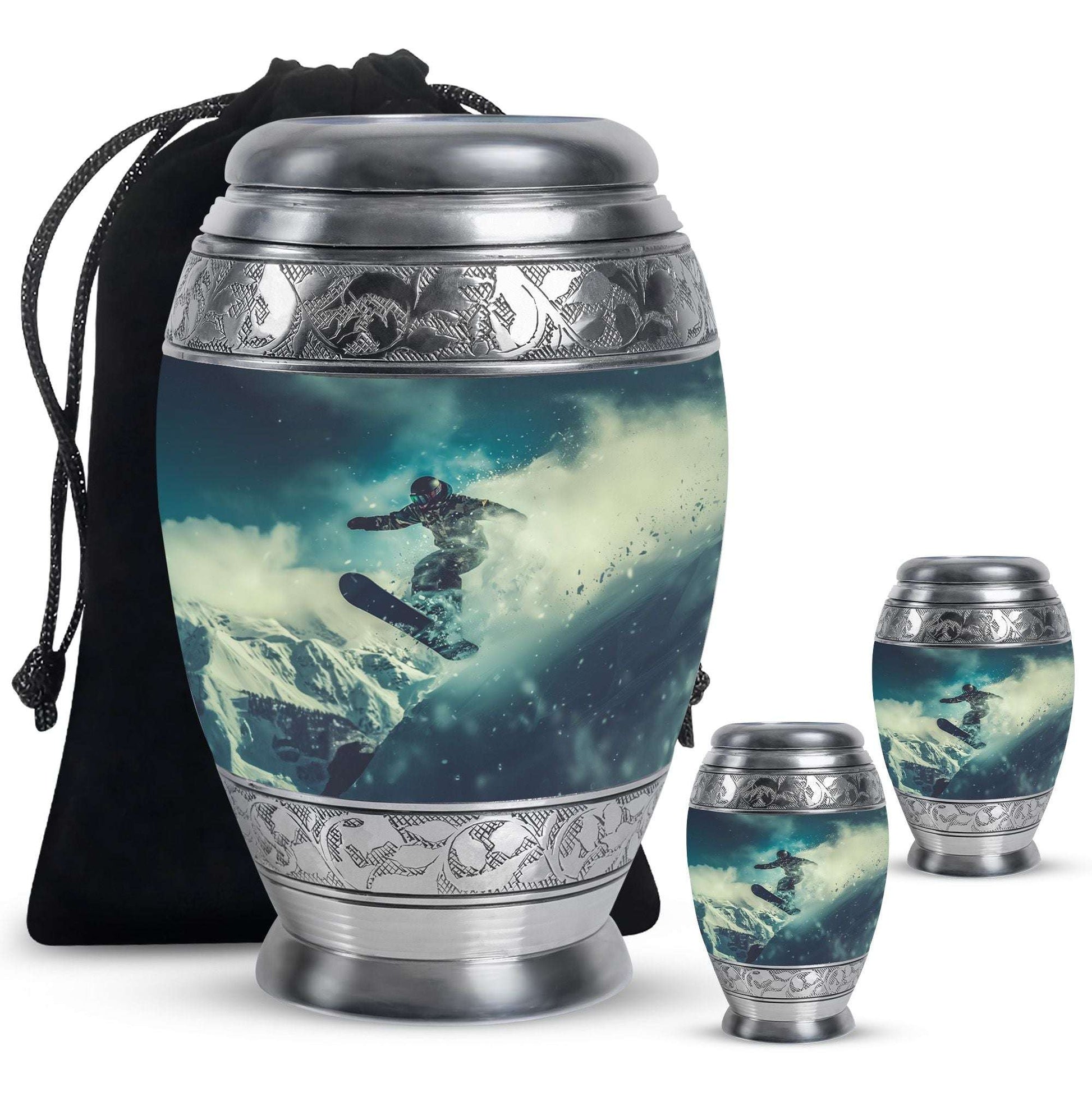 Snowboarding Theme Large Urn With 2 Keepsake Urn
