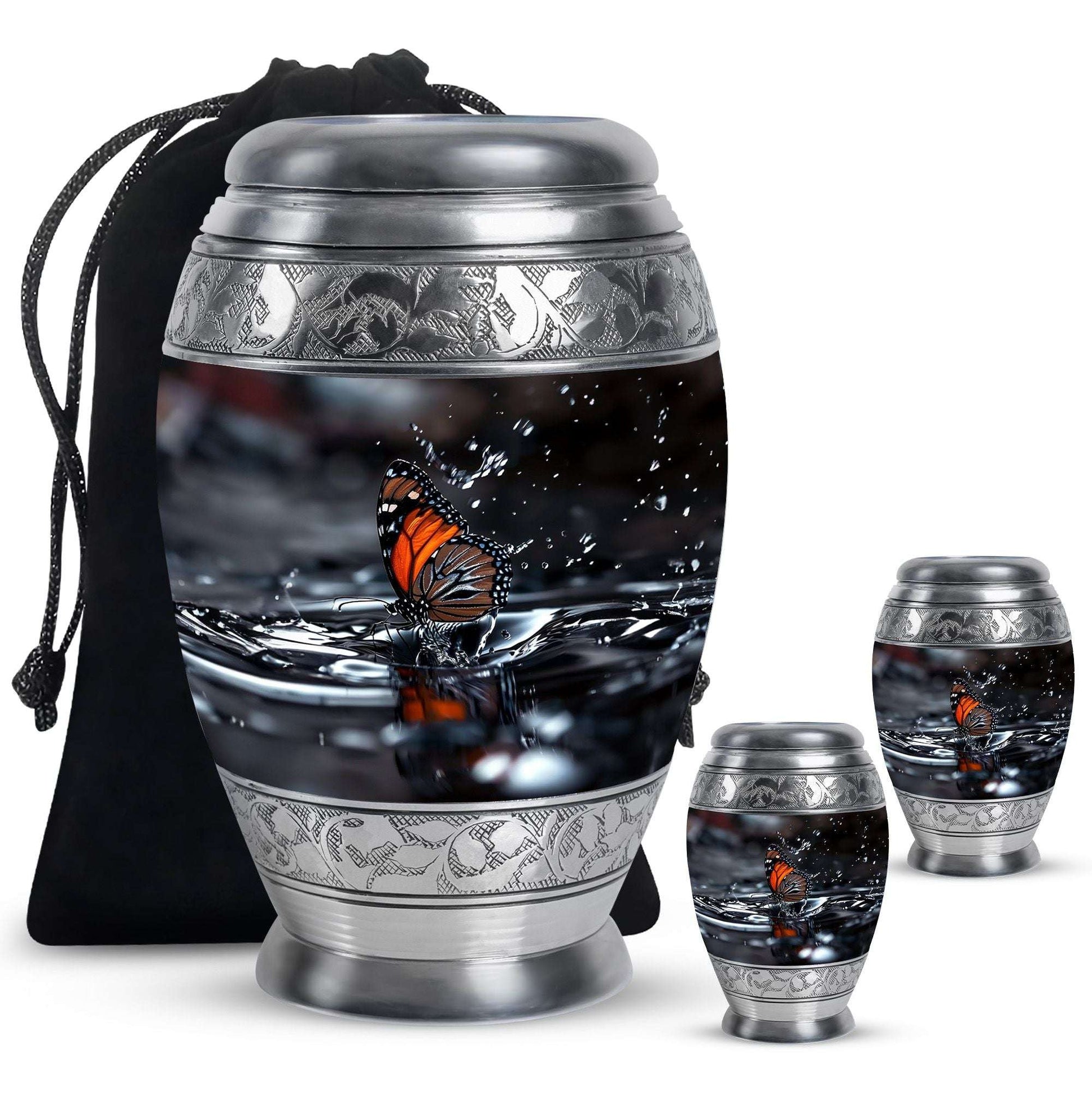 Butterfly Theme Large Urn With 2 Keepsake Urn
