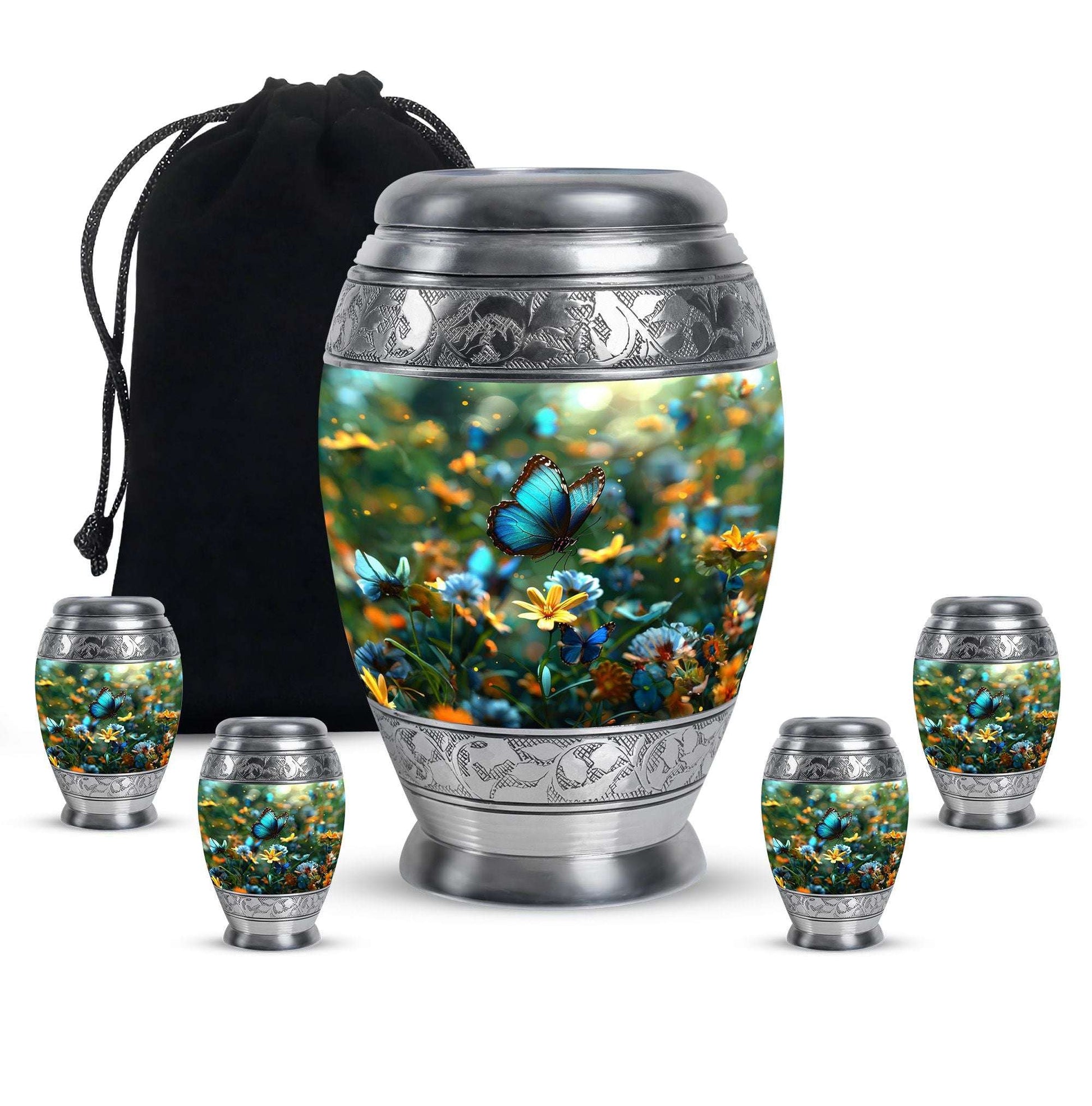 Butterfly Theme Large Urn With 4 Keepsake Urn