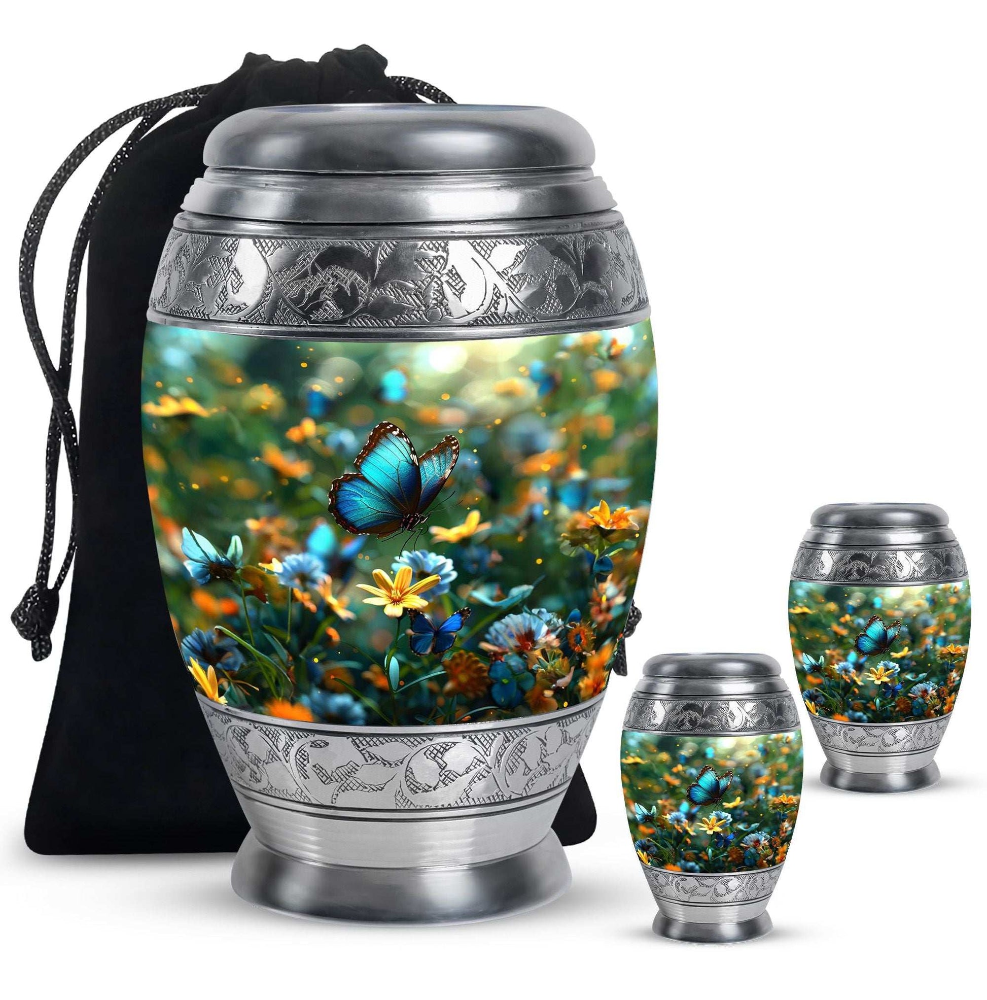 Butterfly Theme Large Urn With 2 Keepsake Urn