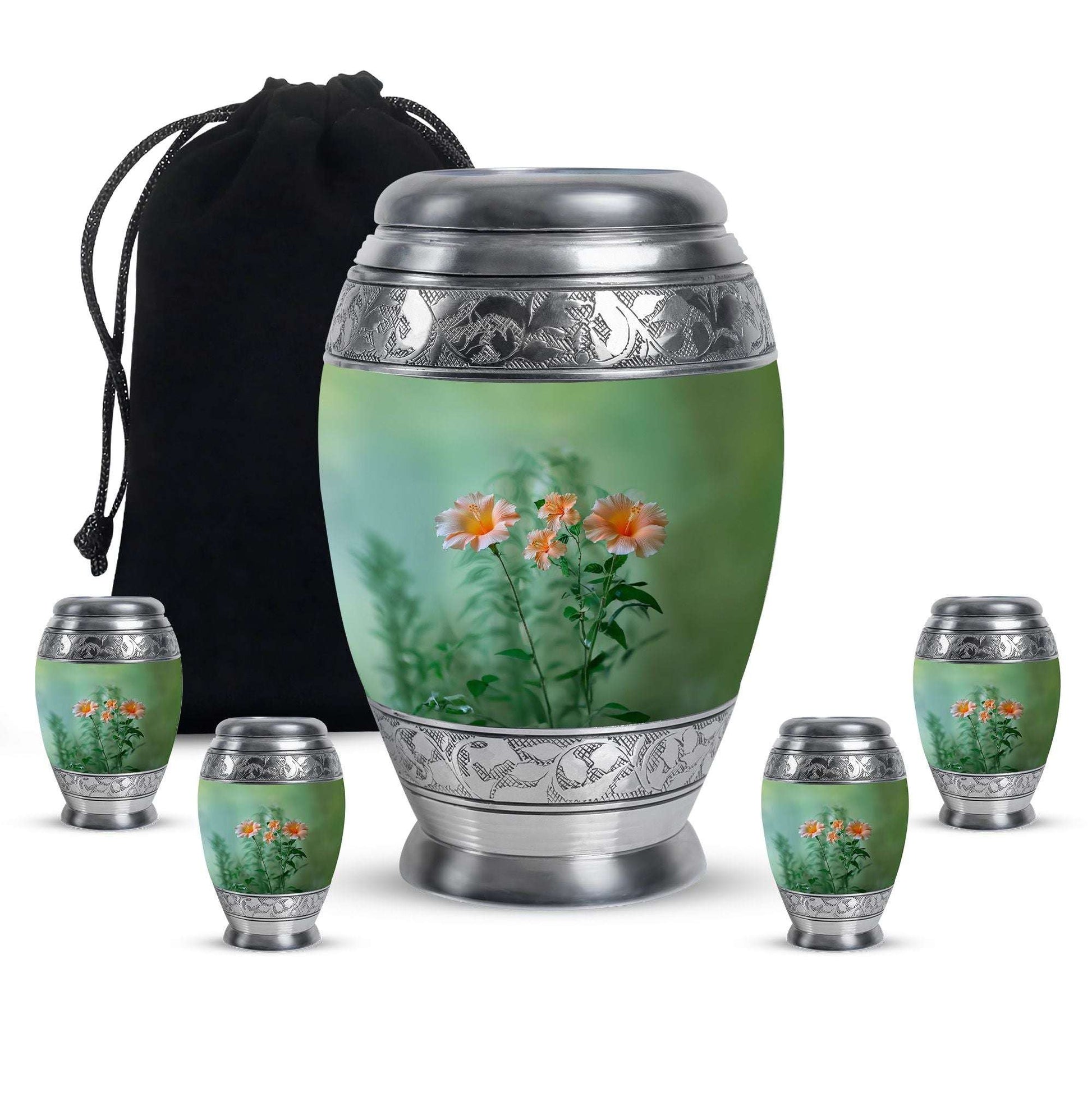 Flowers Theme Large Urn With 4 Keepsake Urn