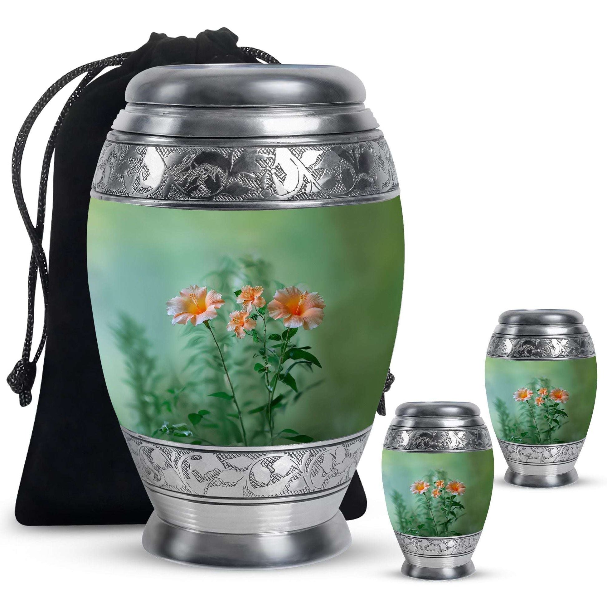 Flowers Theme Large Urn With 2 Keepsake Urn