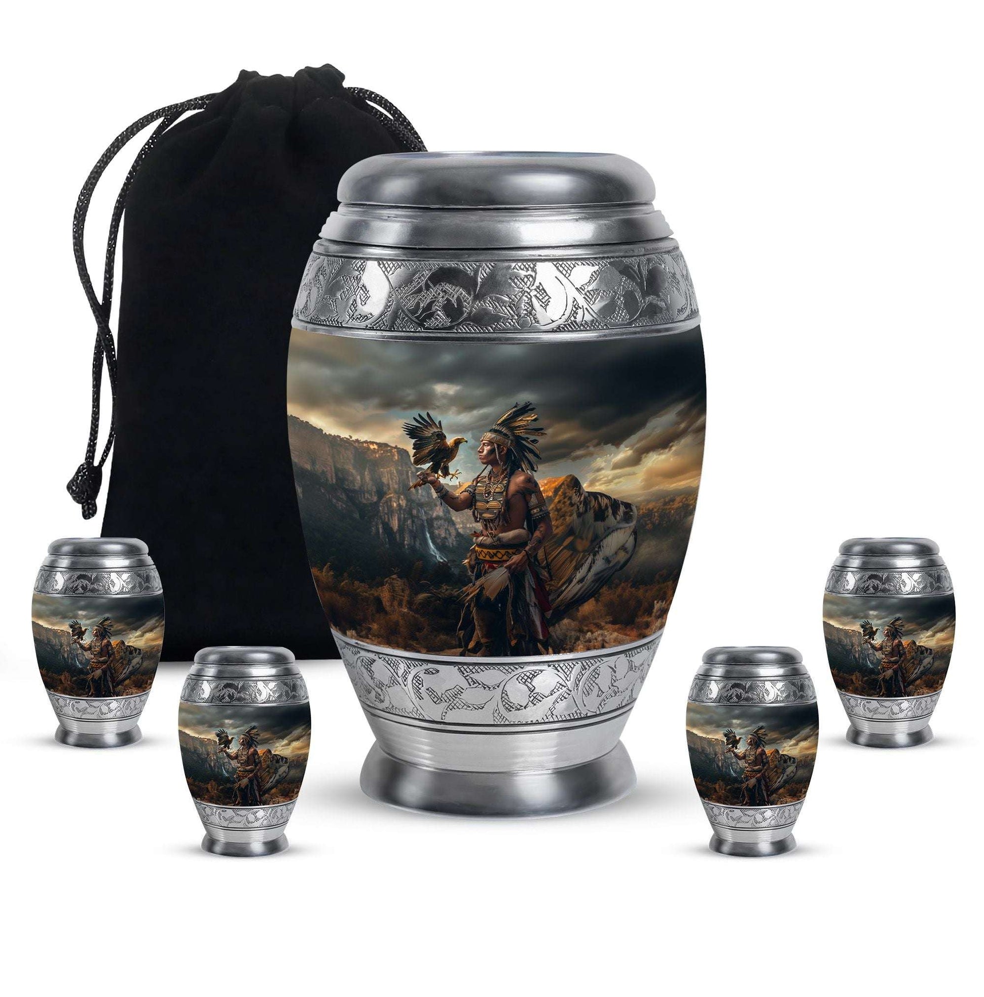 Tribe Man Theme Large Urn With 4 Keepsake Urn