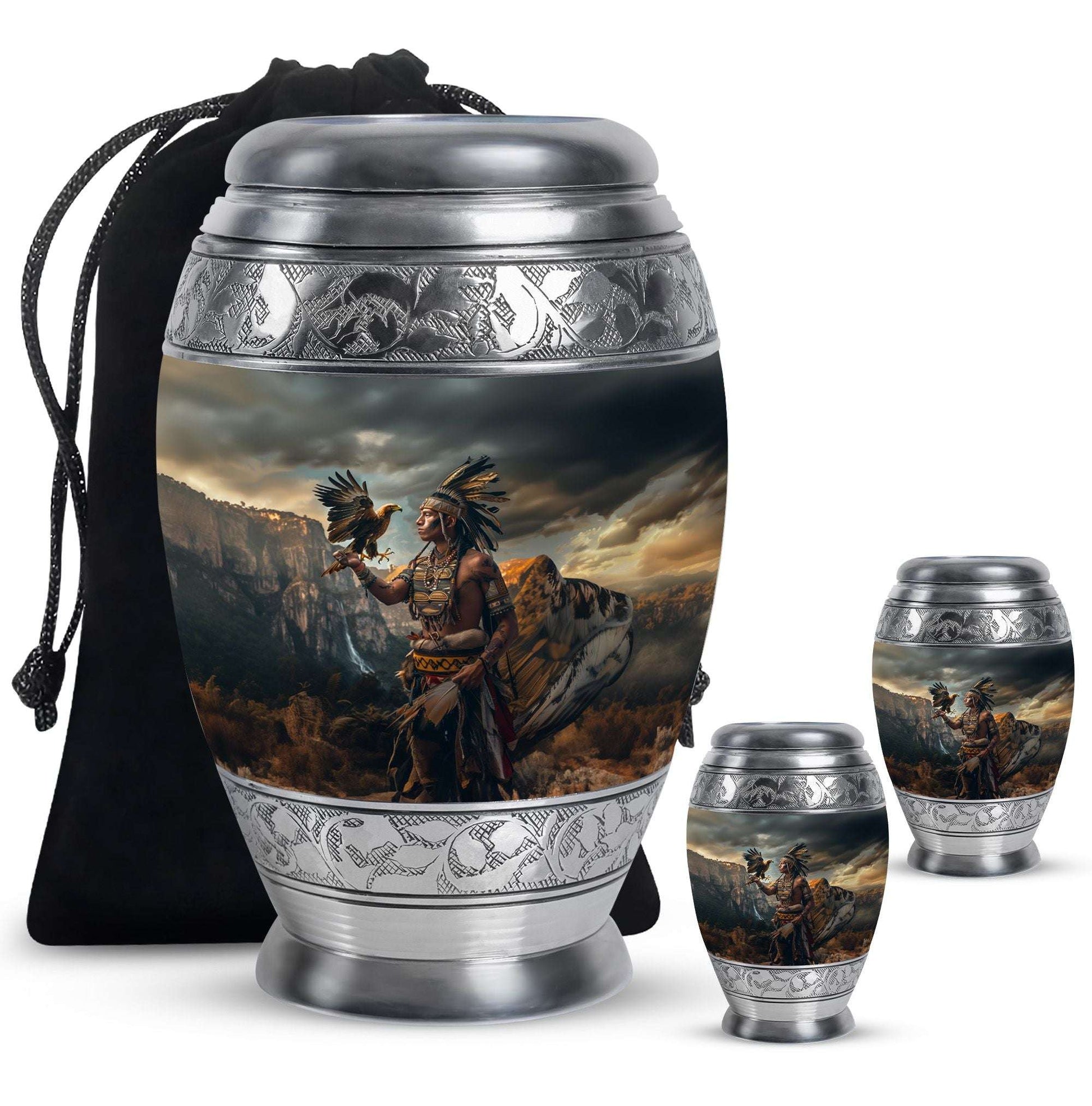 Tribe Man Theme Large Urn With 2 Keepsake Urn