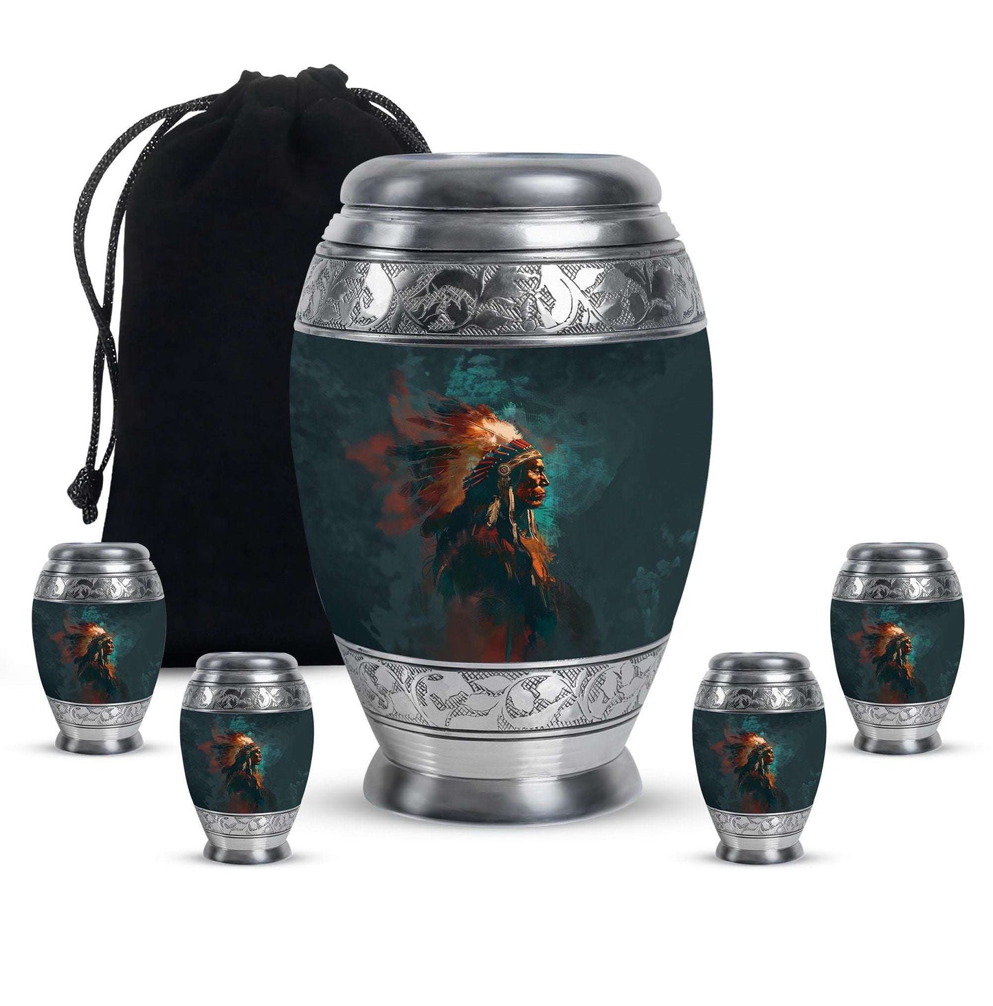 Tribe Man Theme Large Urn With 4 Keepsake Urn