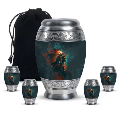 Tribe Man Theme Large Urn With 4 Keepsake Urn