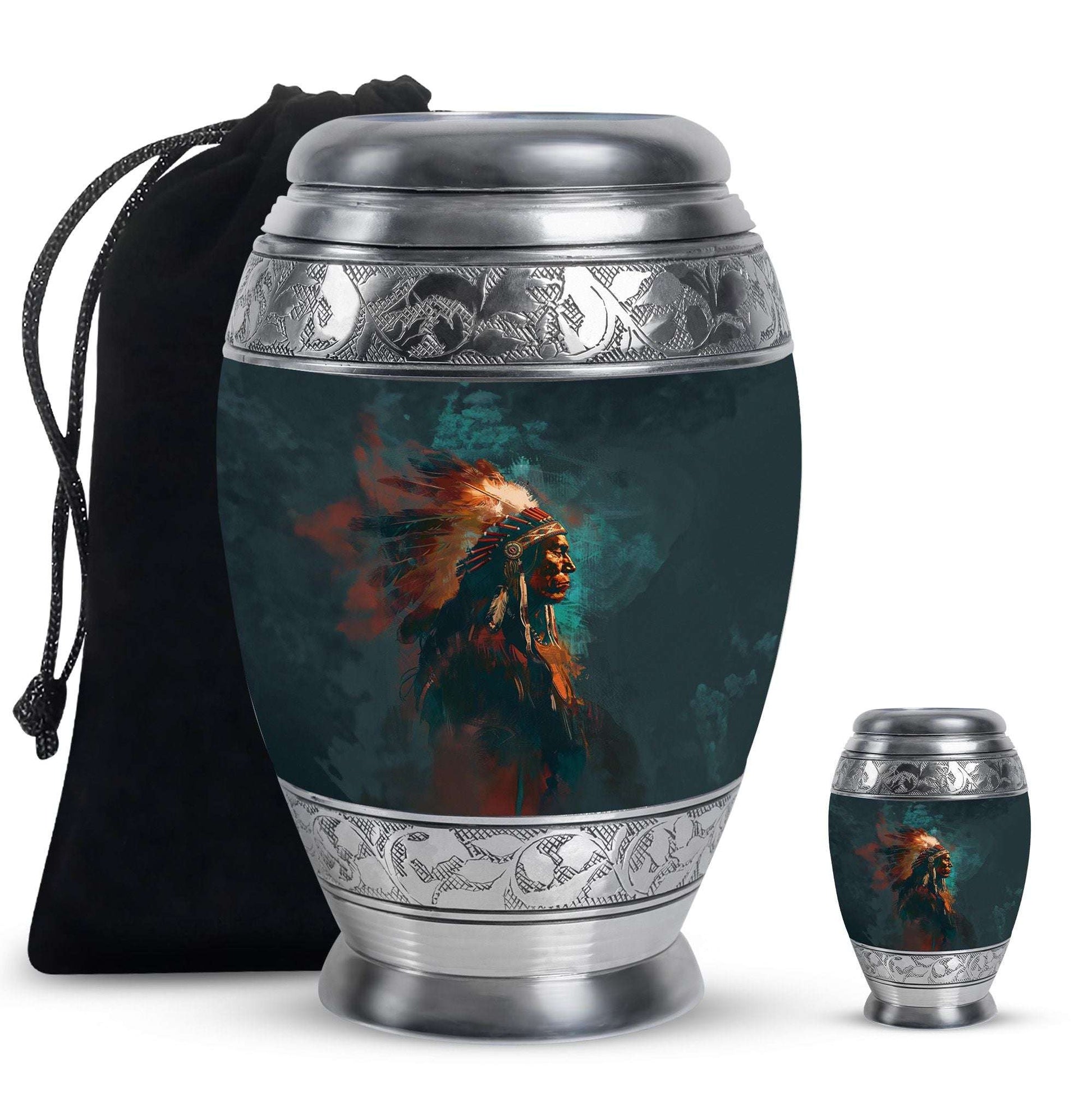 Tribe Man Theme Large Urn With 1 Keepsake Urn