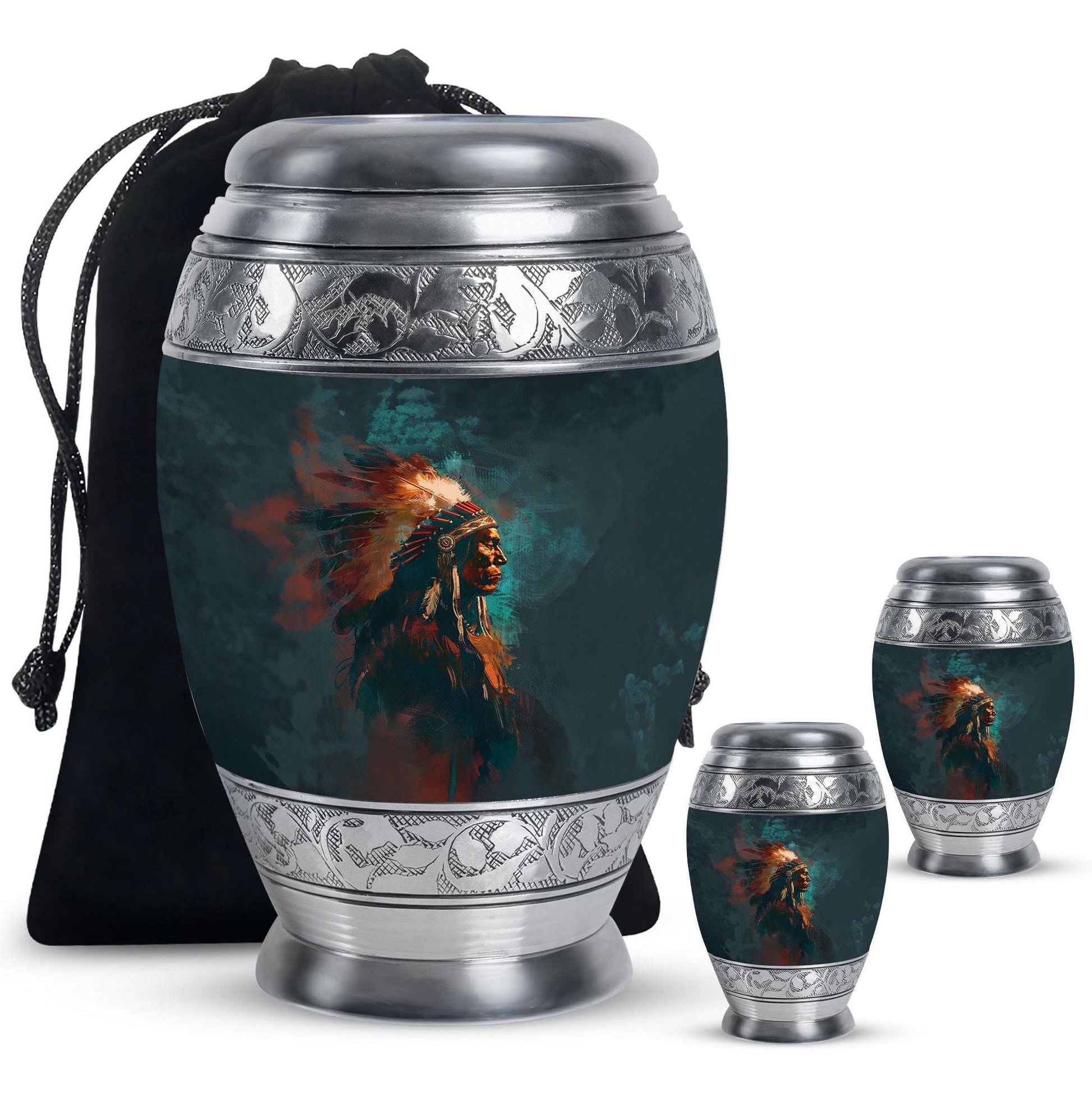 Tribe Man Theme Large Urn With 2 Keepsake Urn