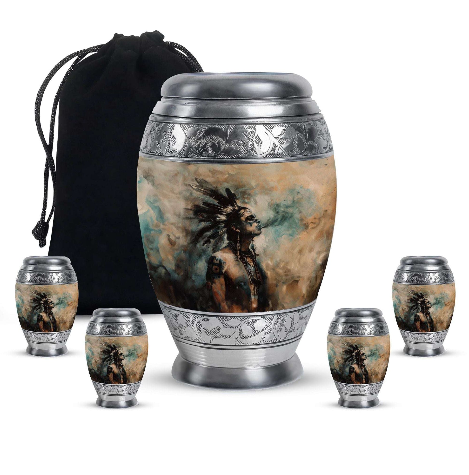 Tribe Man Theme Large Urn With 4 Keepsake Urn