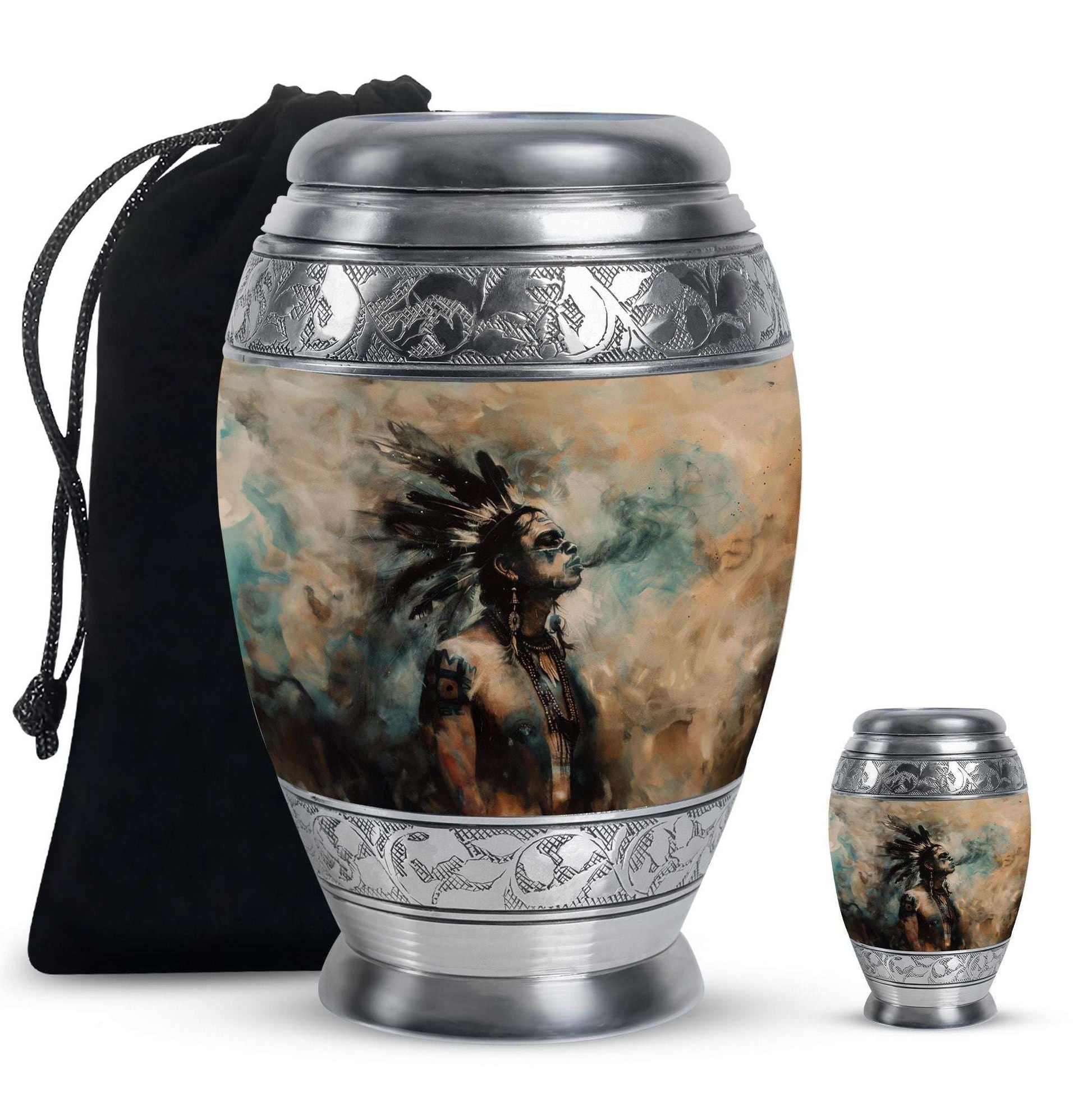 Tribe Man Theme Large Urn With 1 Keepsake Urn