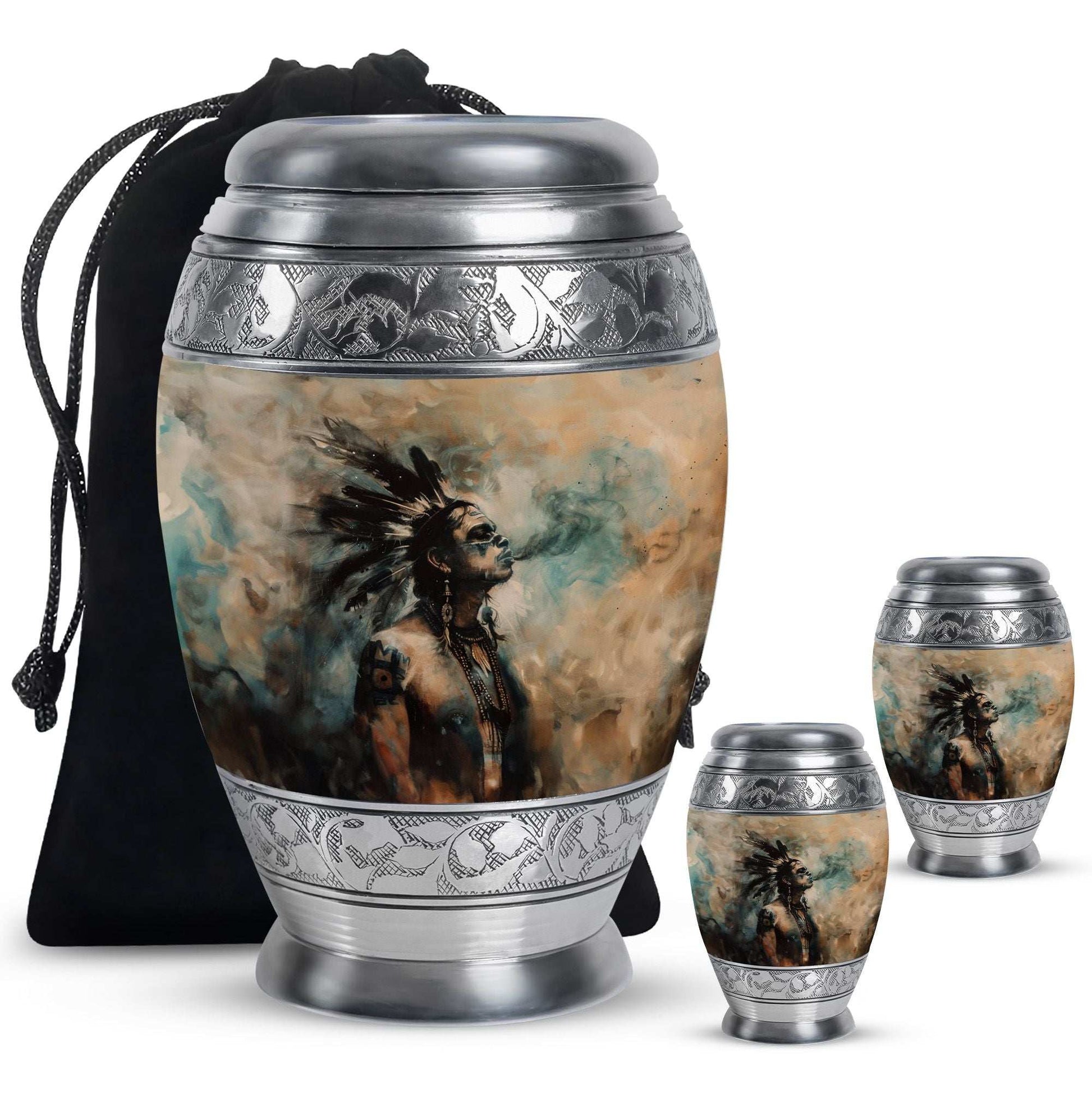 Tribe Man Theme Large Urn With 2 Keepsake Urn