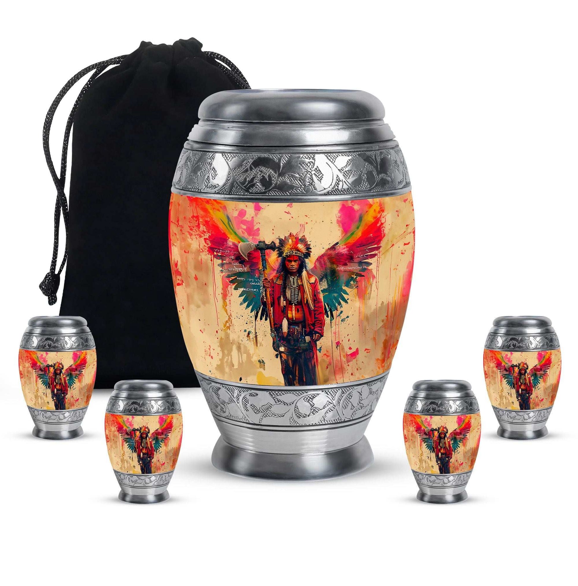 Tribe Man Theme Large Urn With 4 Keepsake Urn