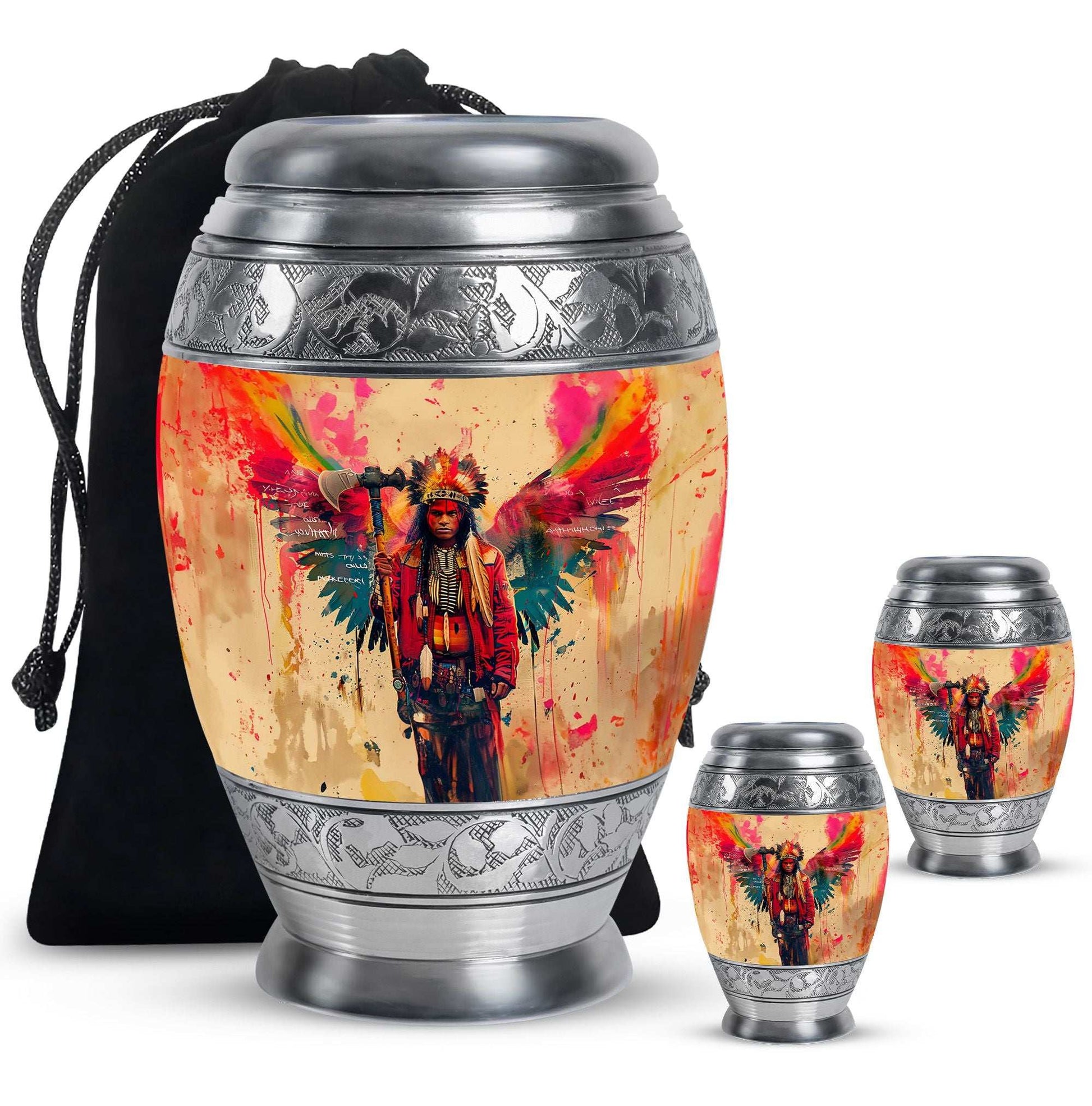 Tribe Man Theme Large Urn With 2 Keepsake Urn