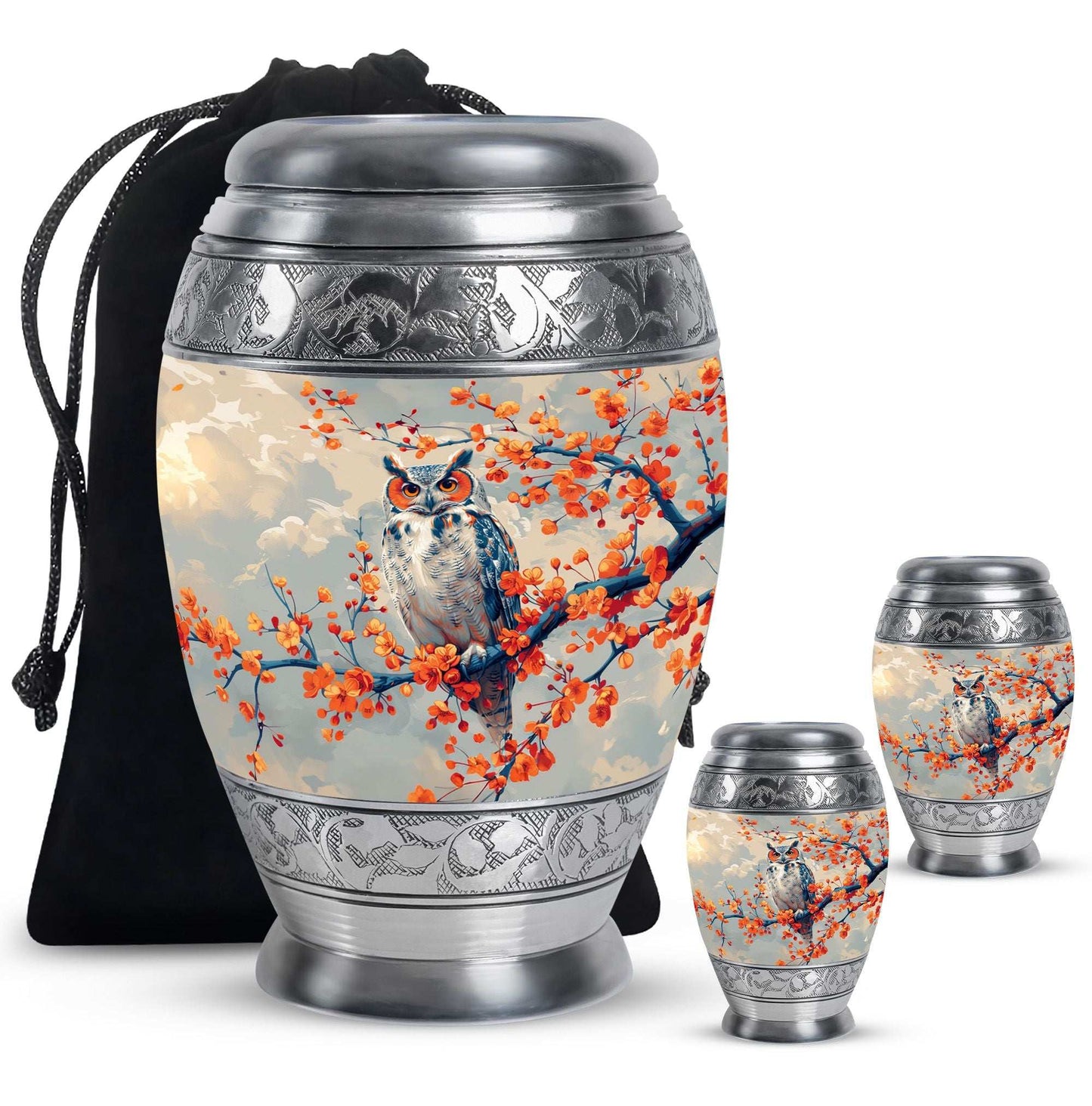 Owl Theme Large Urn With 2 Keepsake Urn