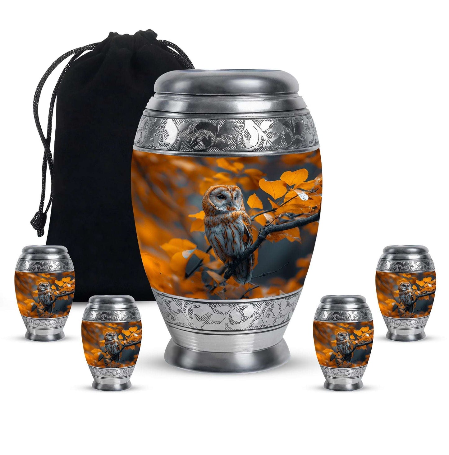 Owl Theme Large Urn With 4 Keepsake Urn