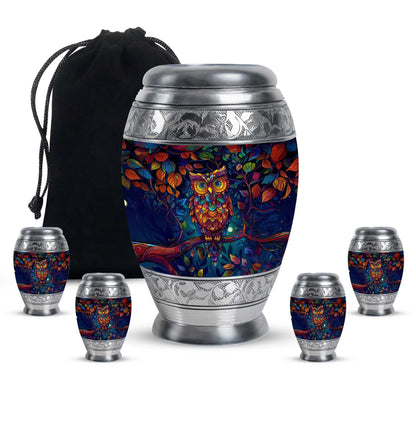 Owl Theme Large Urn With 4 Keepsake Urn