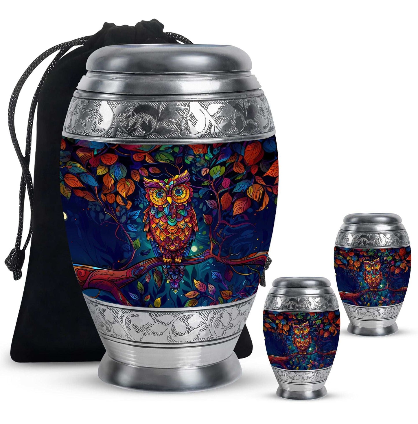 Owl Theme Large Urn With 2 Keepsake Urn