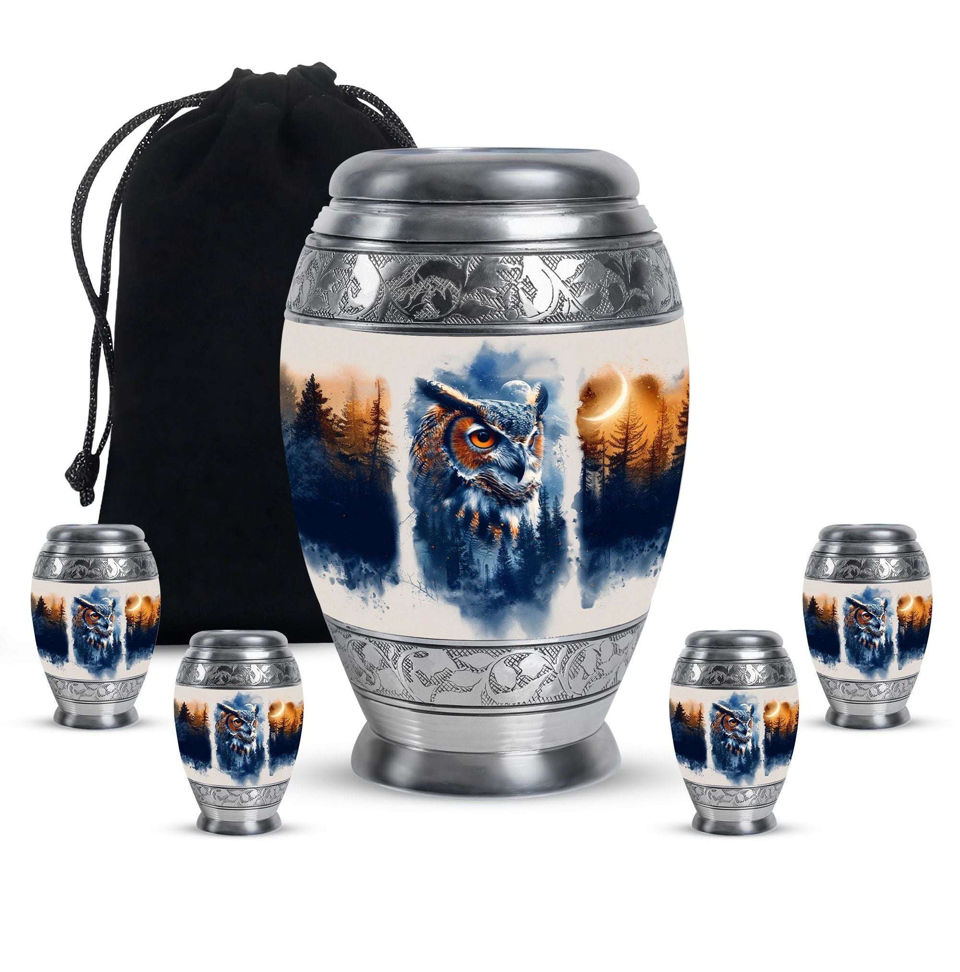 Owl Theme Large Urn With 4 Keepsake Urn