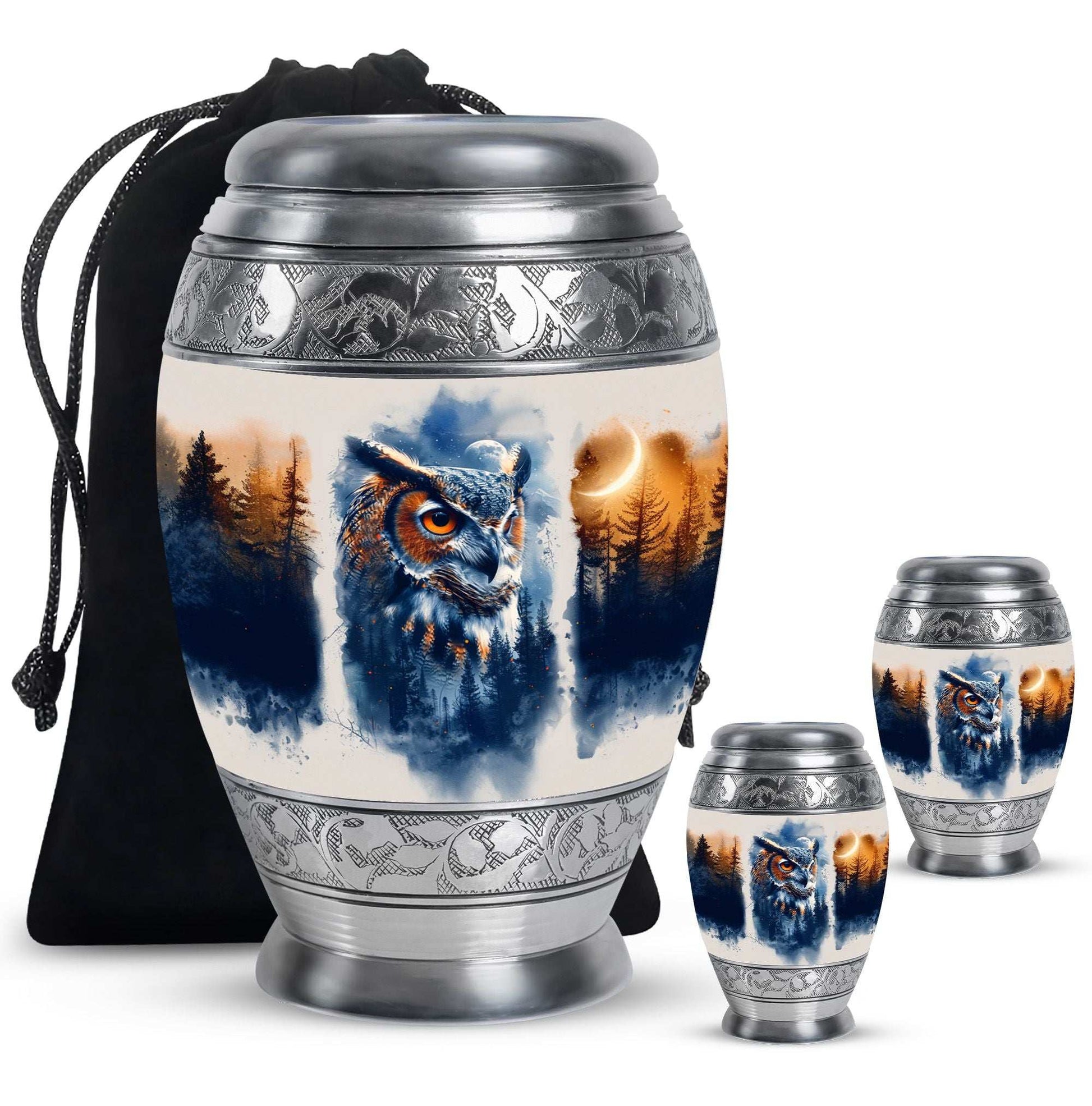 Owl Theme Large Urn With 2 Keepsake Urn
