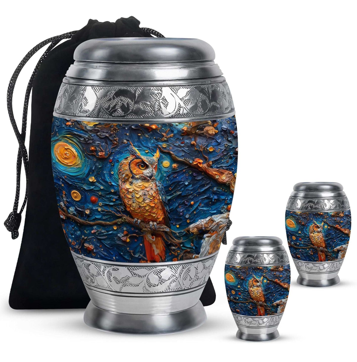 Owl Theme Large Urn With 2 Keepsake Urn