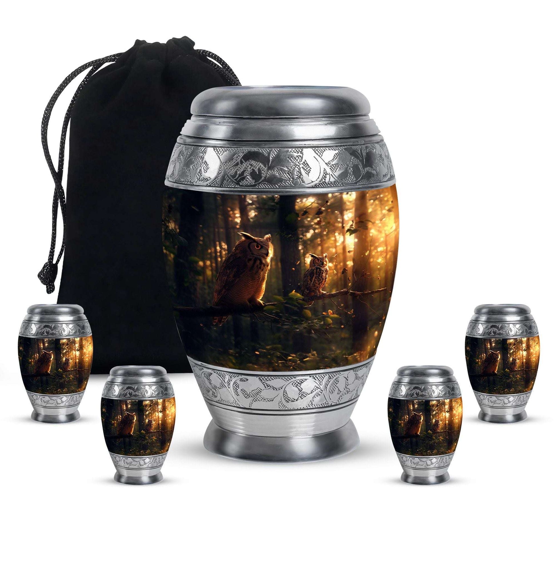 Owl Theme Large Urn With 4 Keepsake Urn