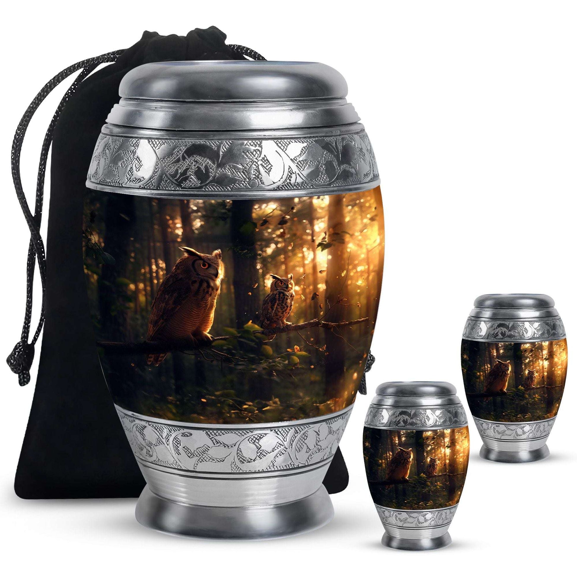 Owl Theme Large Urn With 2 Keepsake Urn