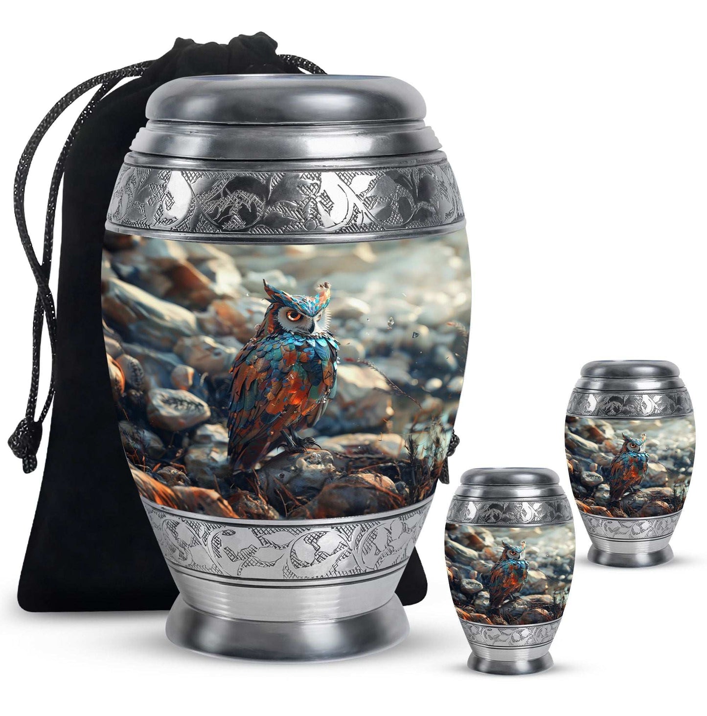 Owl Theme Large Urn With 2 Keepsake Urn