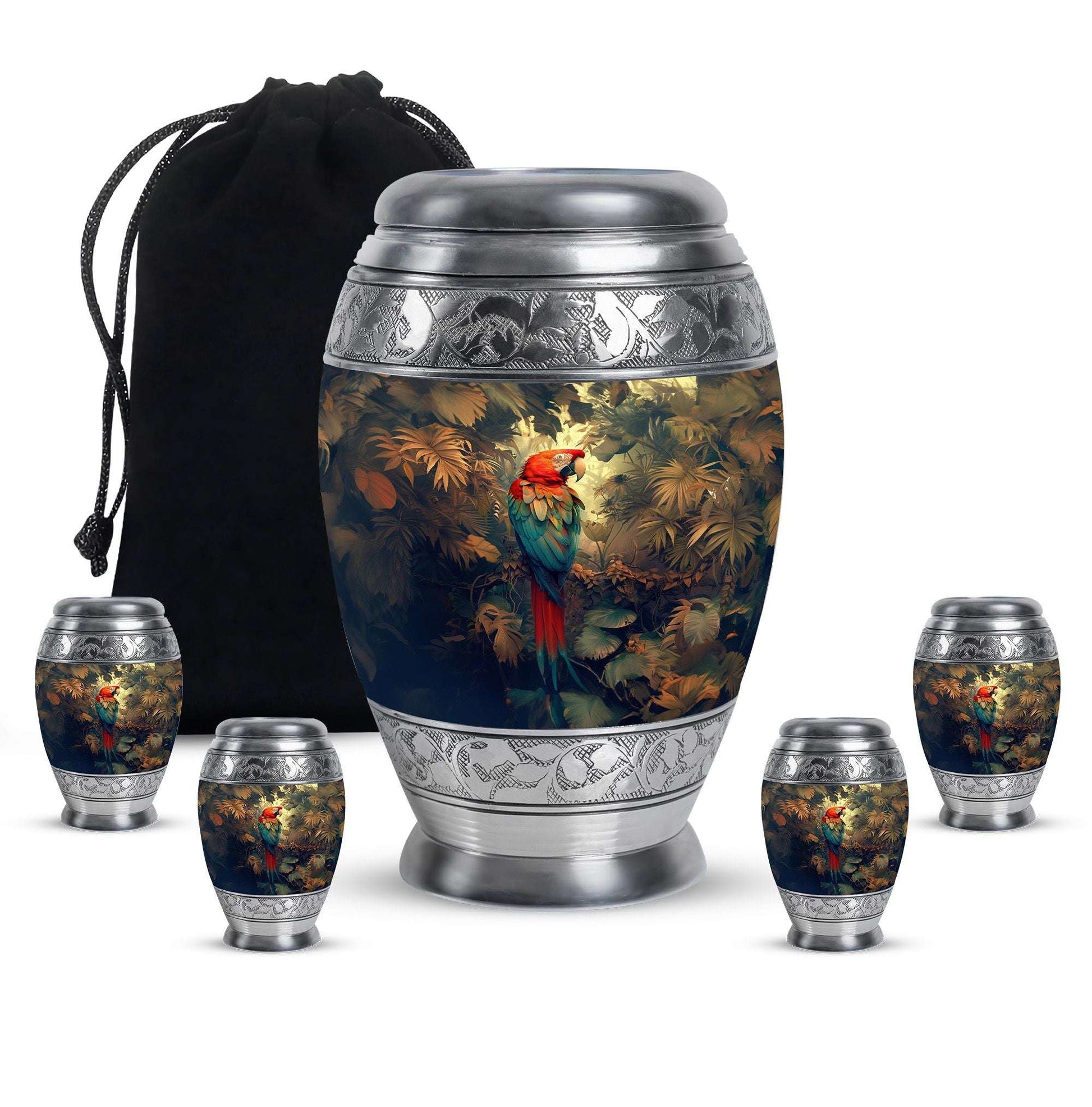 Macaw Parrot Theme Large Urn With 4 Keepsake Urn