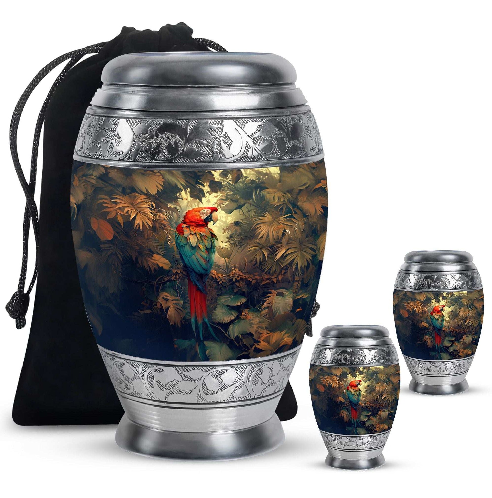 Macaw Parrot Theme Large Urn With 2 Keepsake Urn