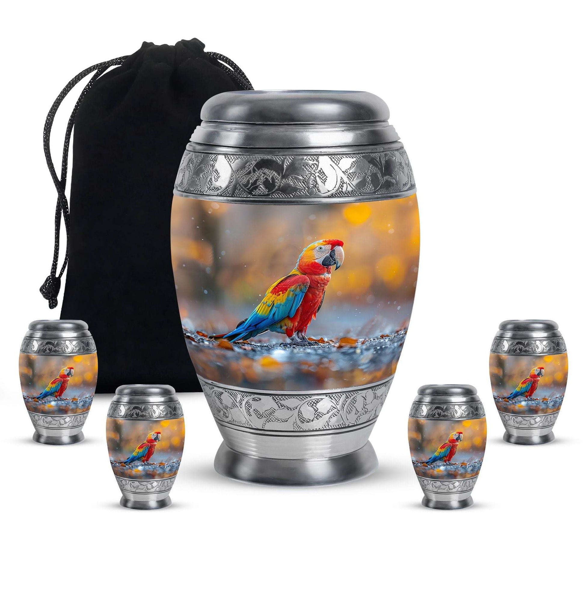 Macaw Parrot Theme Large Urn With 4 Keepsake Urn