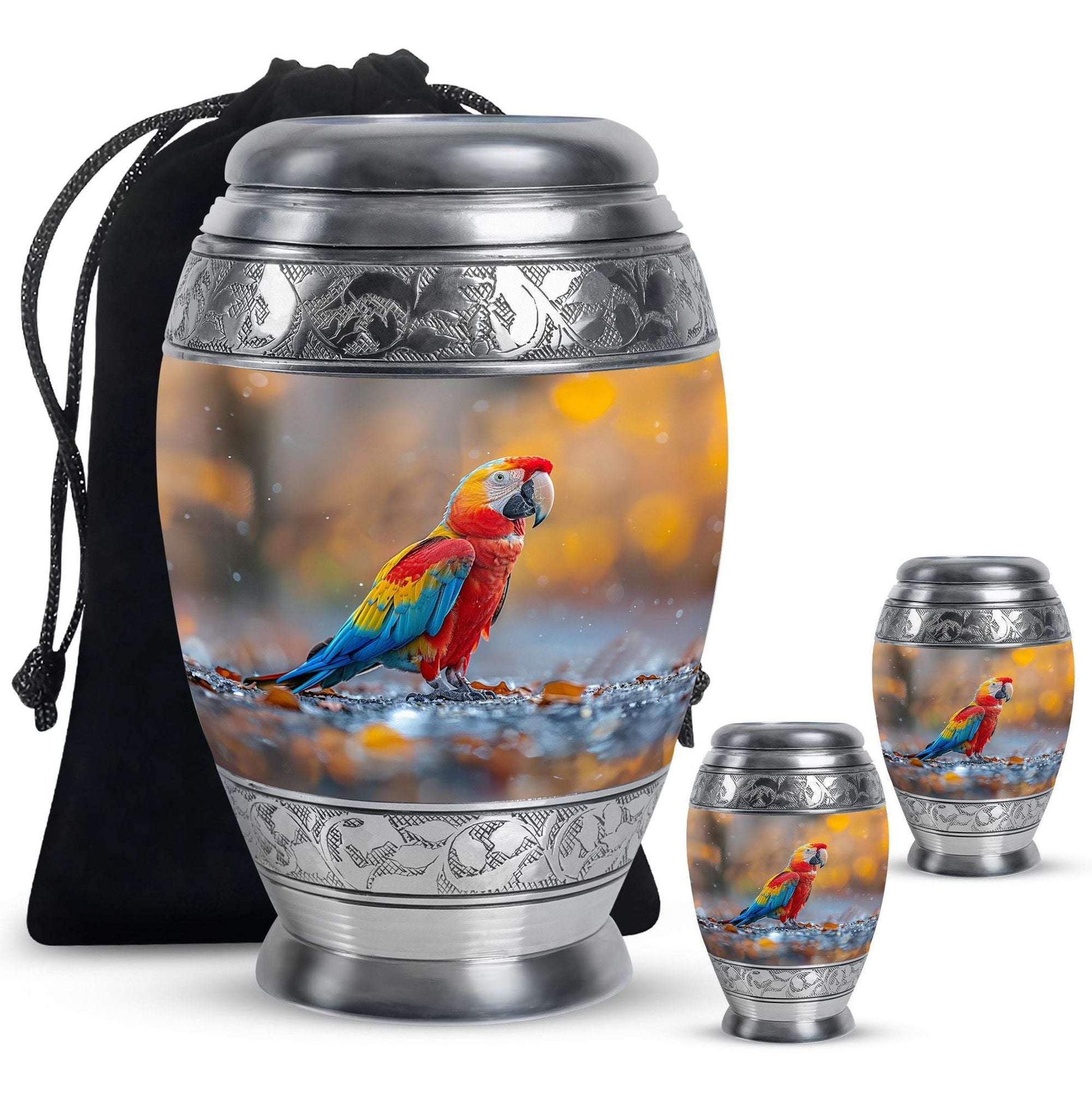 Macaw Parrot Theme Large Urn With 2 Keepsake Urn