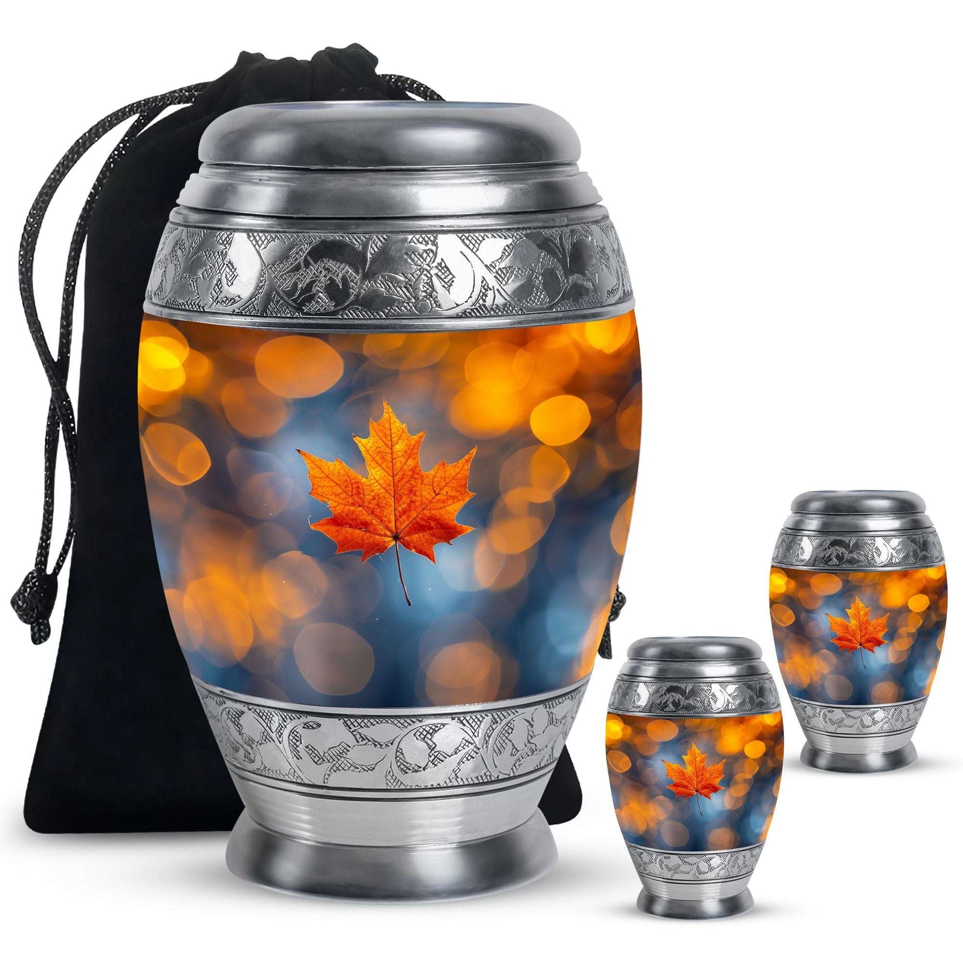 Mapple Leaf Theme Large Urn With 2 Keepsake Urn