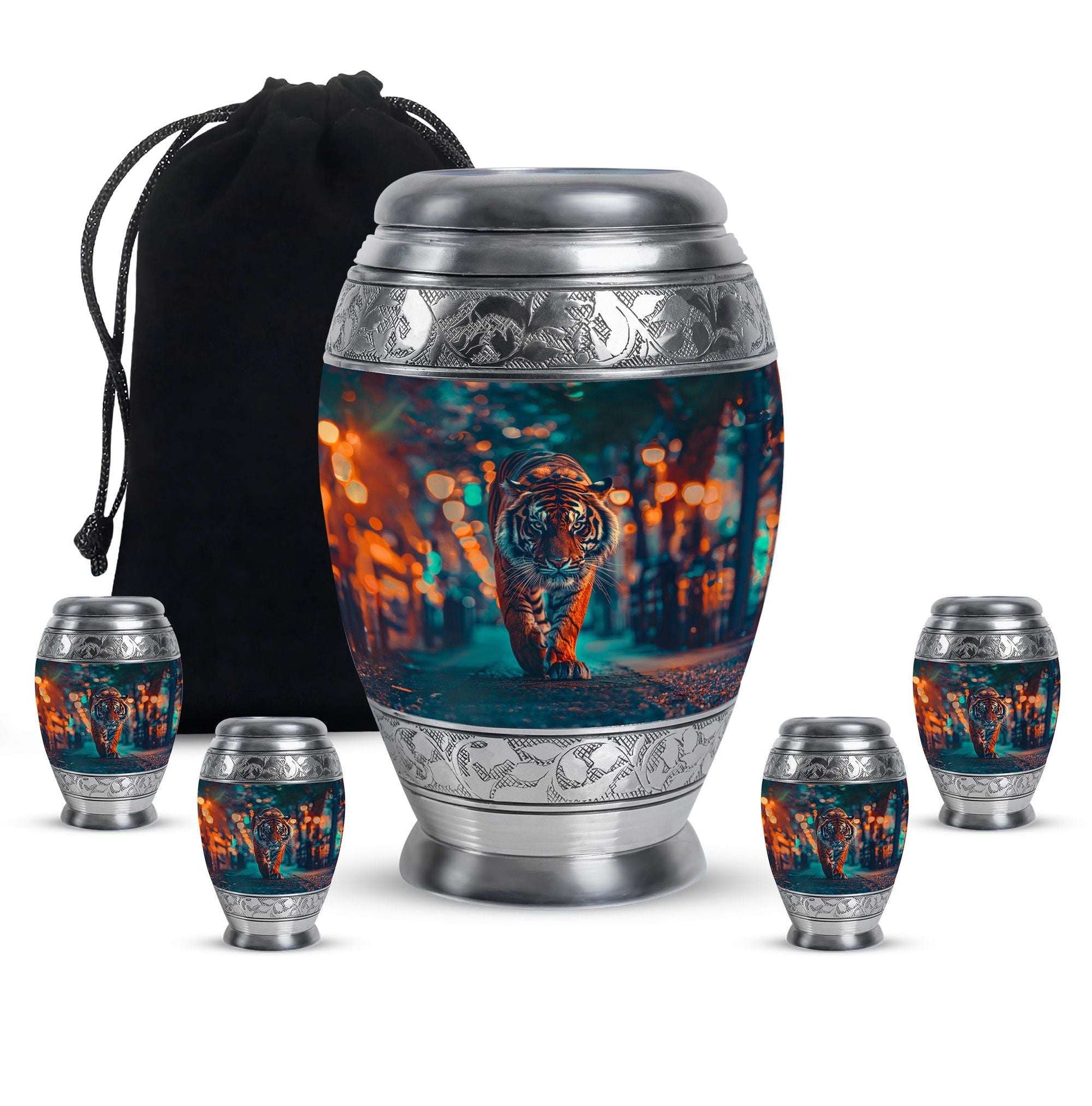 Tiger Theme Large Urn With 4 Keepsake Urn