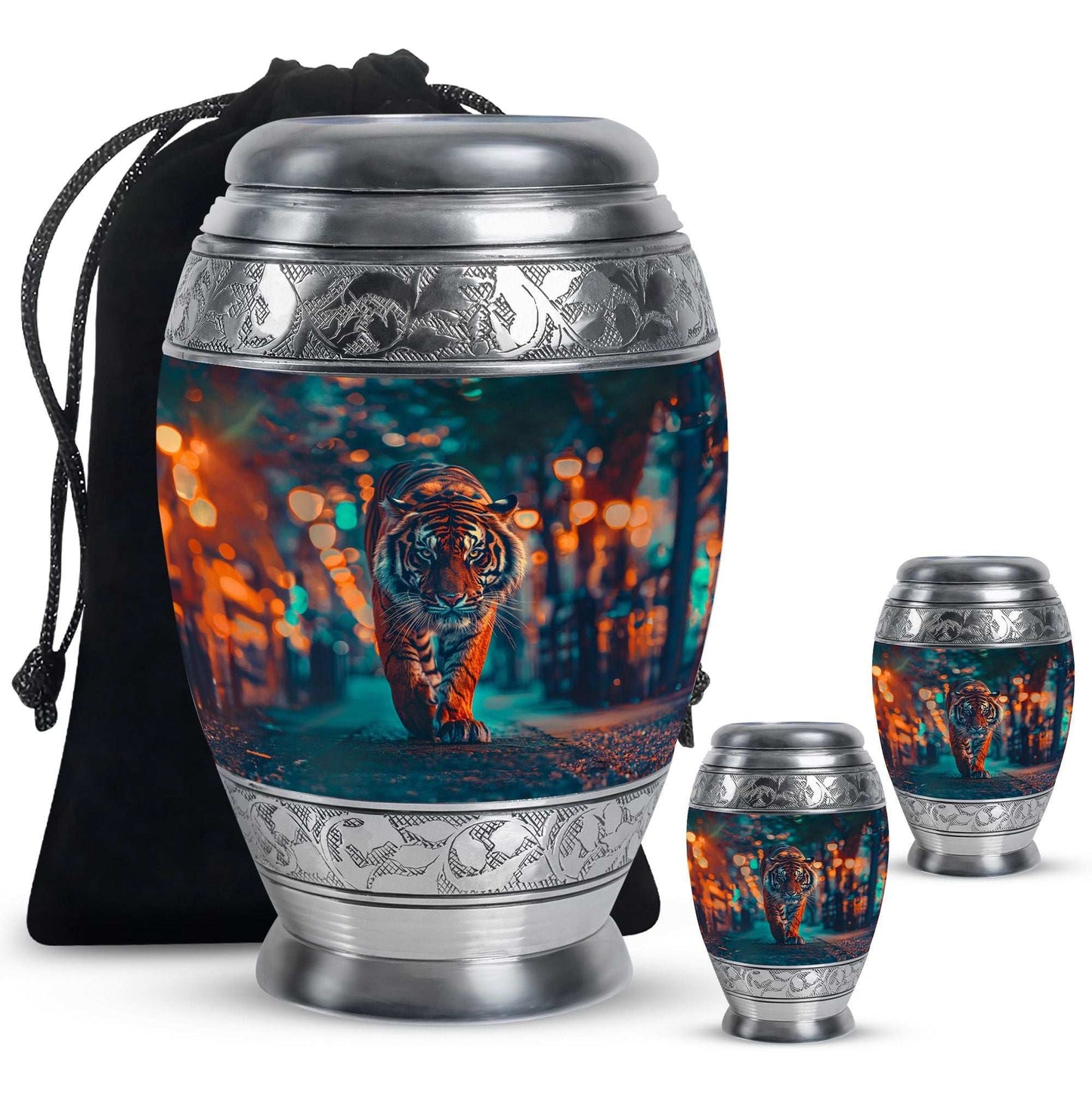 Tiger Theme Large Urn With 2 Keepsake Urn
