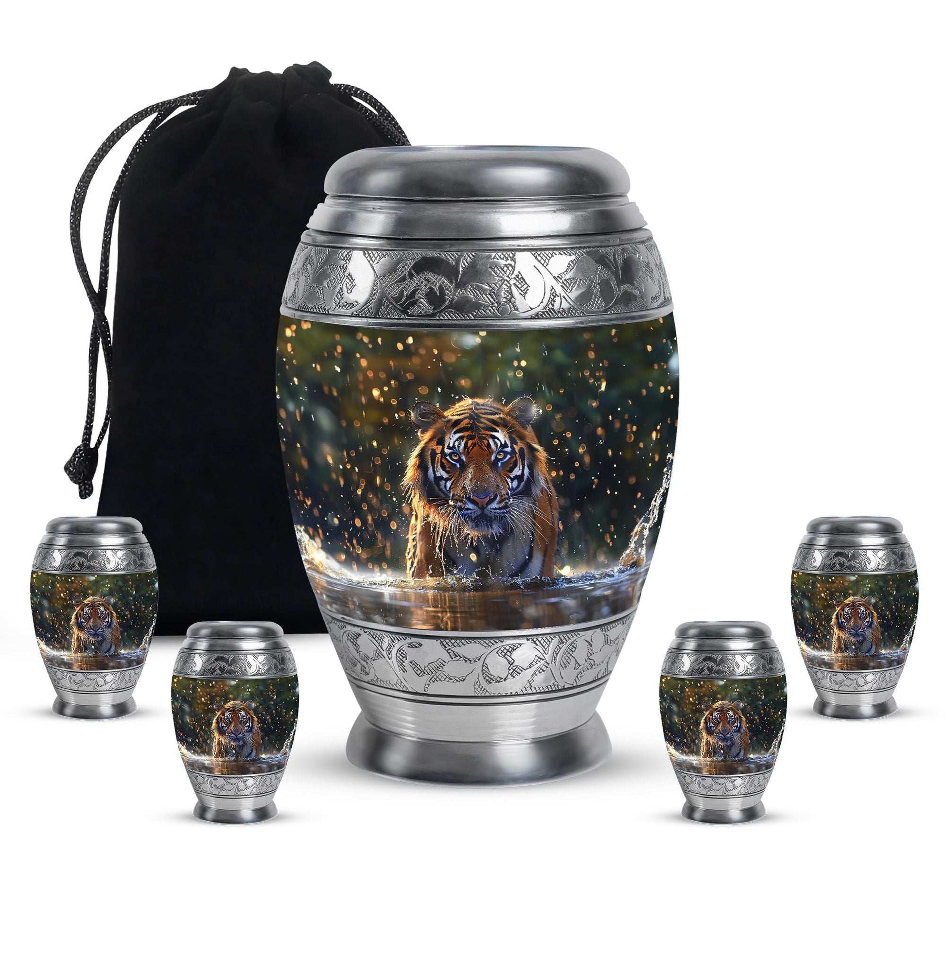 Tiger Theme Large Urn With 4 Keepsake Urn